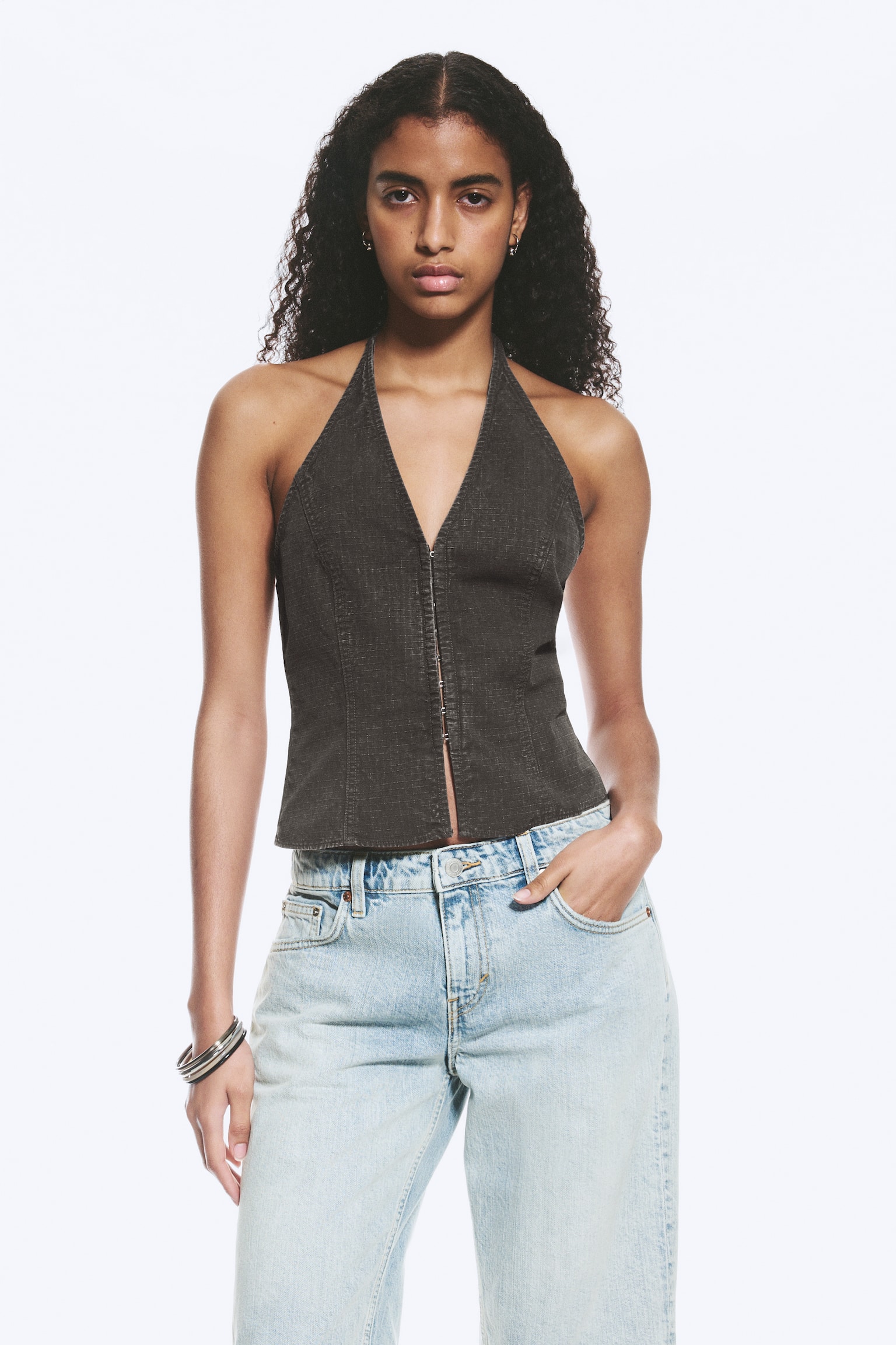 Haut dos nu col V ripstop - Gris foncé/Beige clair - 7