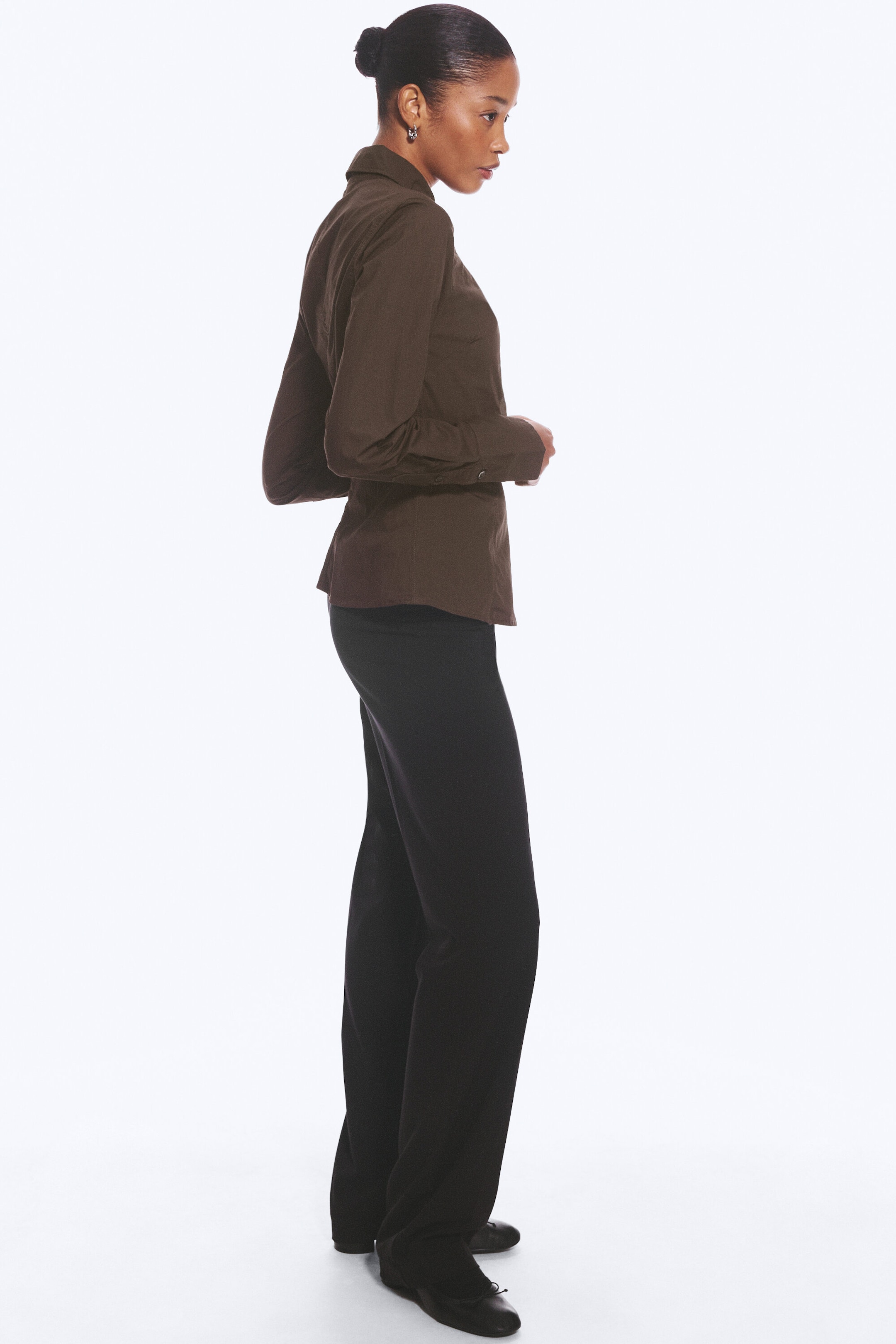 Dark Brown - Asymmetric Fitted Poplin Shirt - 2