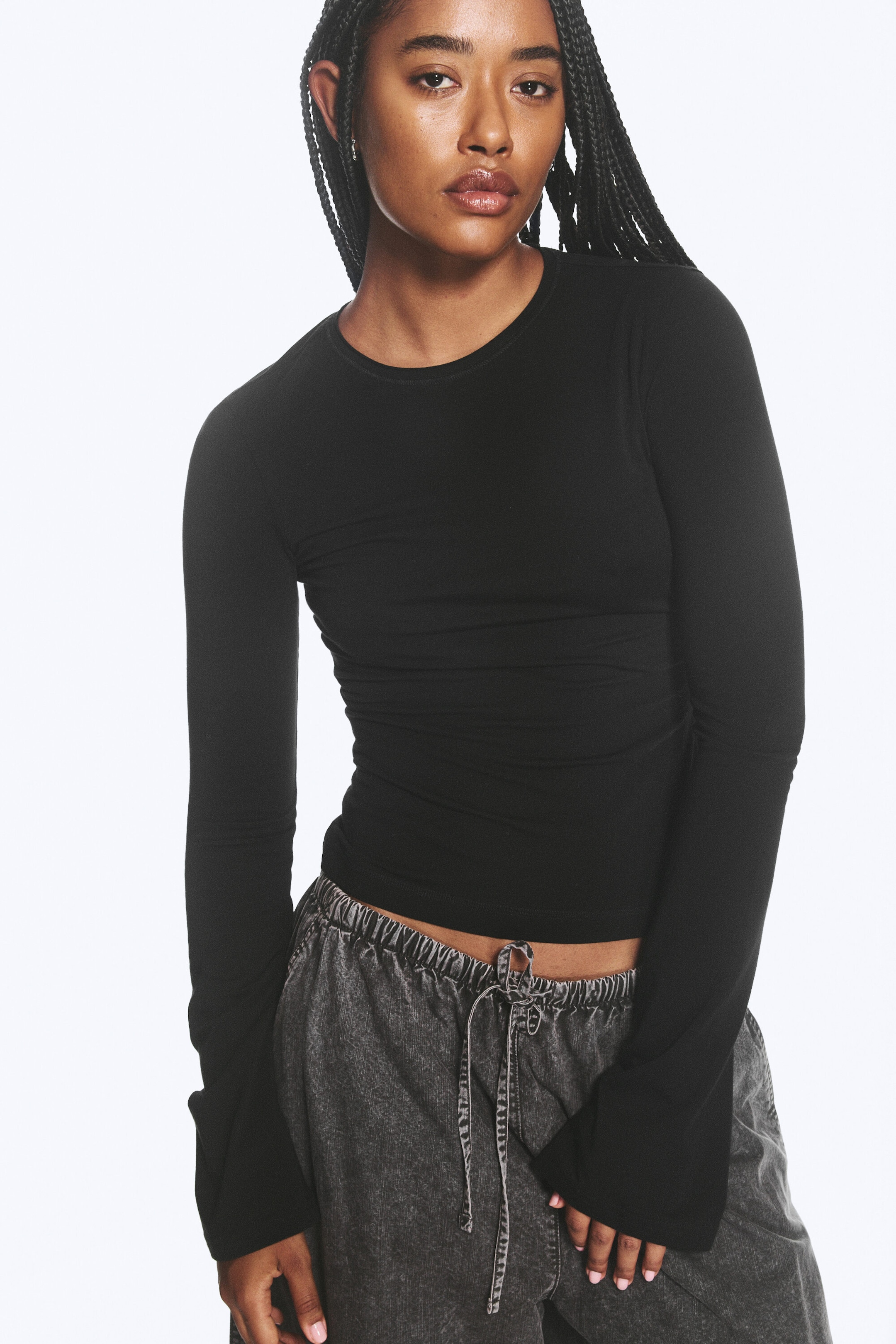 Black - Long Sleeve Cotton Top - 1