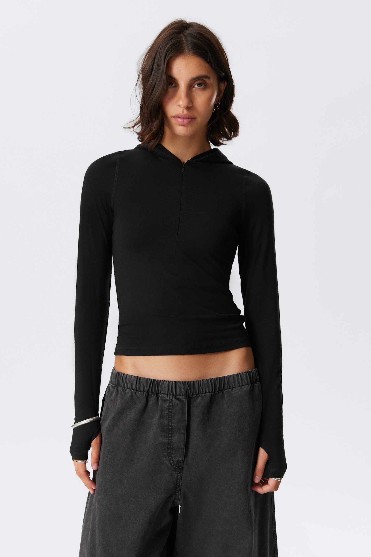 Slim Fit Lyocell Zip Hoodie - Čierna/Svetlosivá
