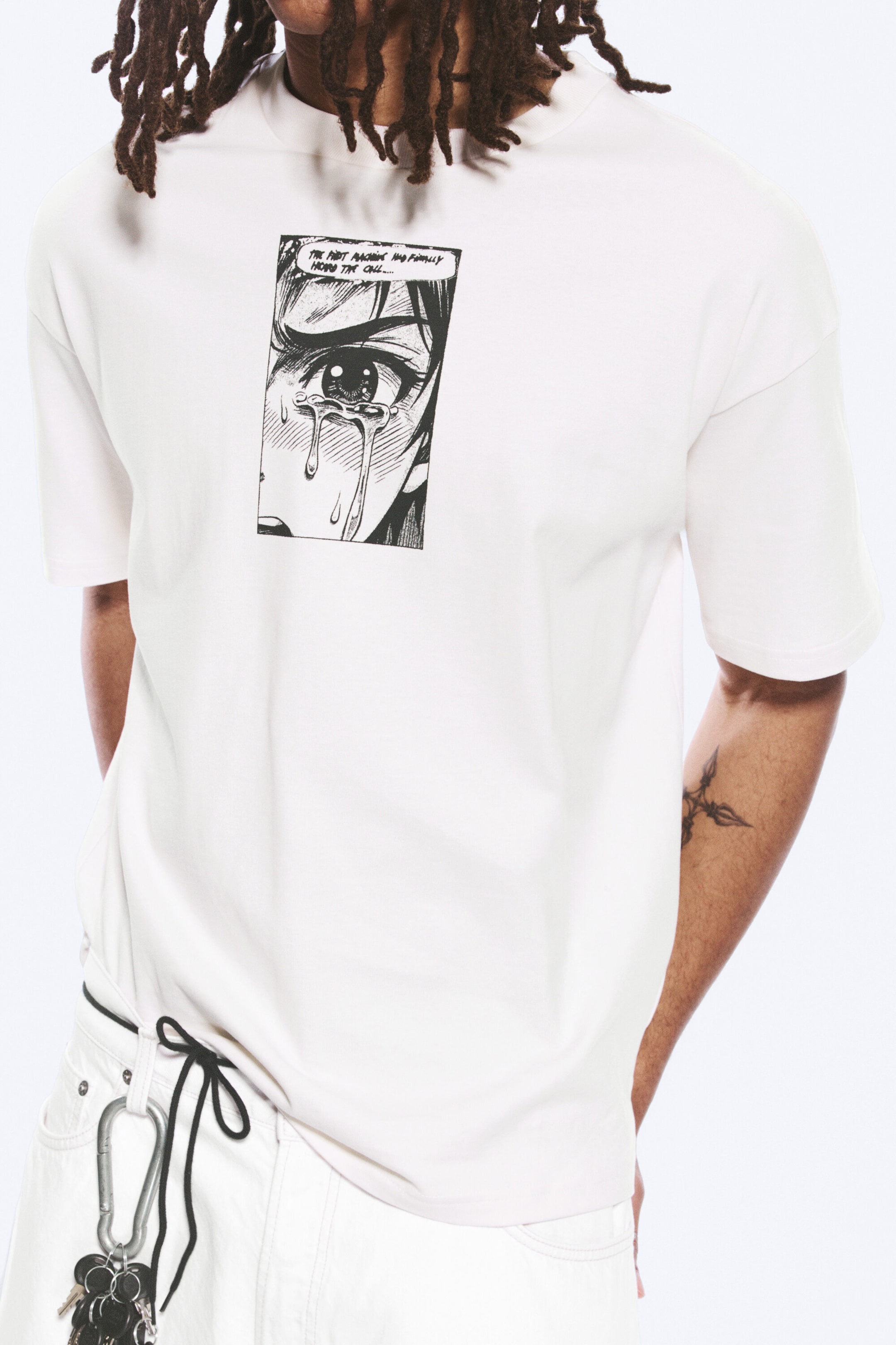 Weiß - Tränen - Bedrucktes kastiges T-Shirt - 1