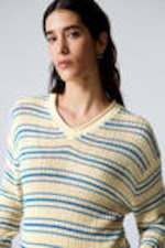 Light Yellow - Blue Stripes - Relaxed Knitted V-neck Sweater - 0