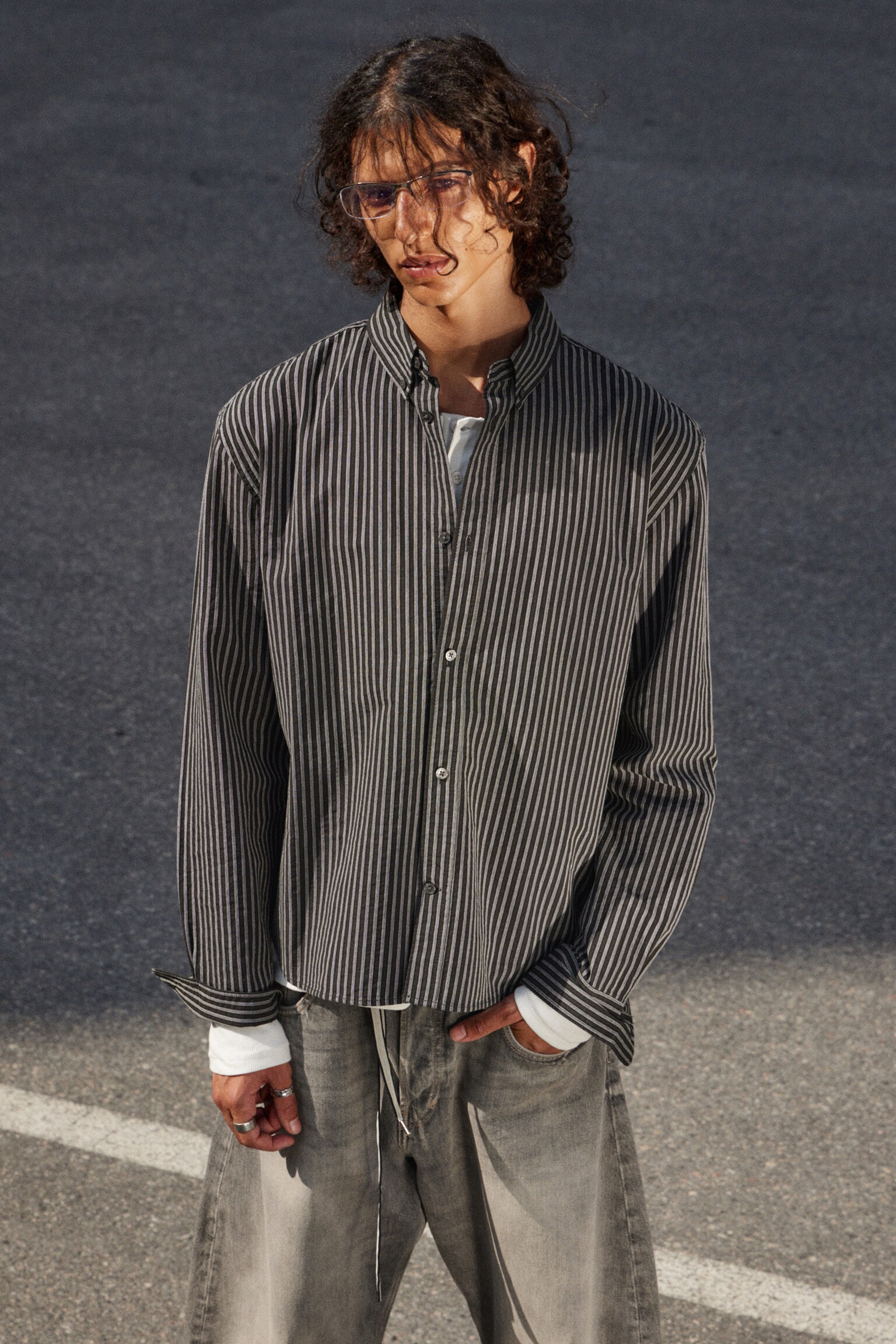 Relaxed Striped Button-down Shirt - Striped Dark Grey/Striped Brown - 4