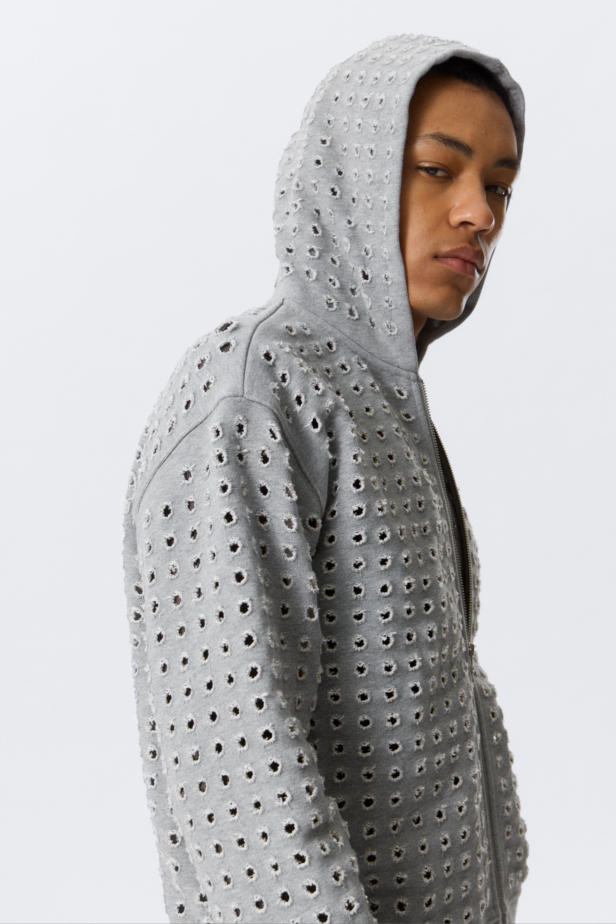 Grey Melange - Laser Cut Zip Hoodie - 2