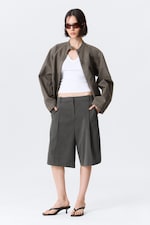 Dark Grey - Herringbone - Low Rise Loose Pleated Suiting Shorts - 0