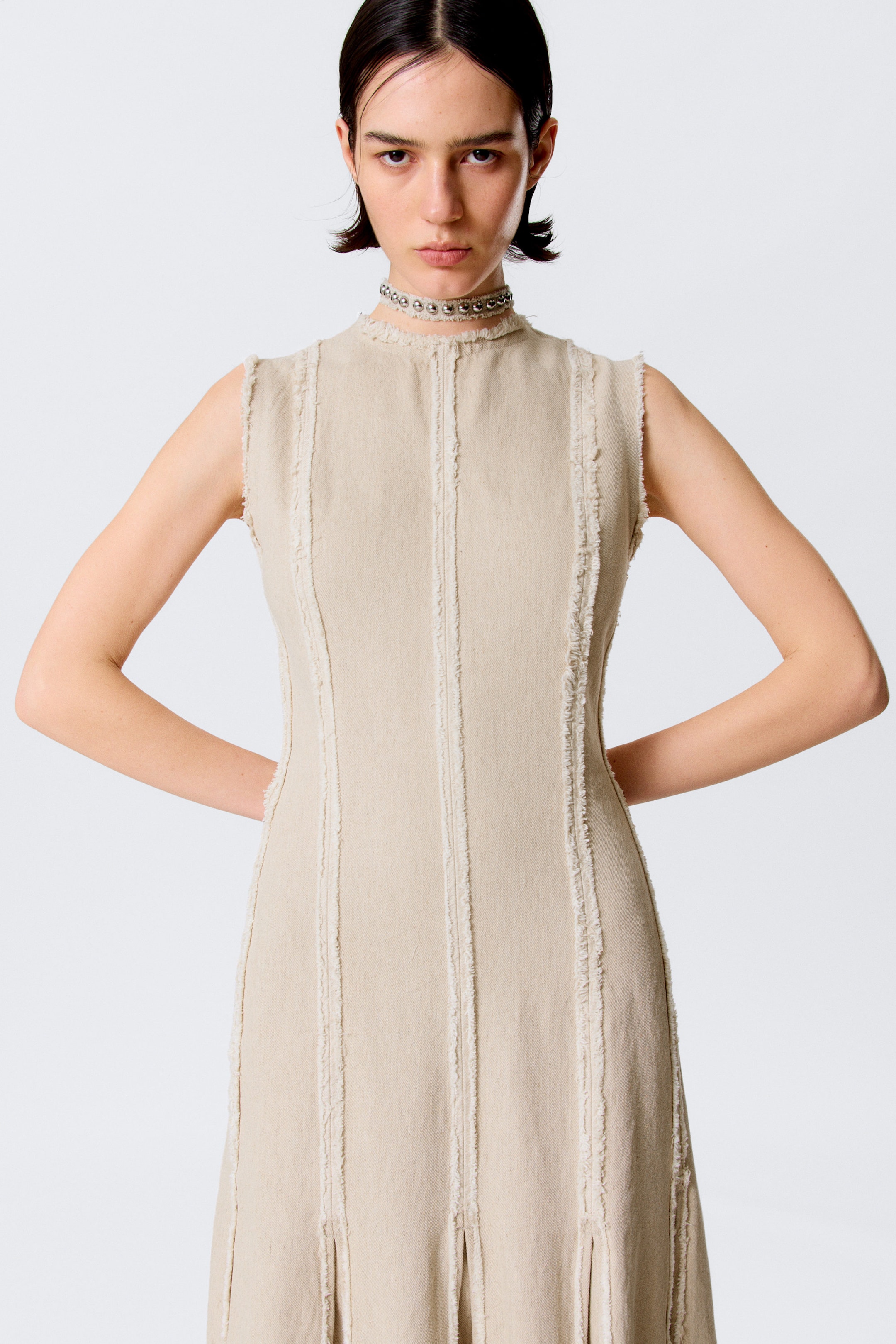 Light Beige - Sleeveless Linen-Blend Panelled Maxi Dress - 2