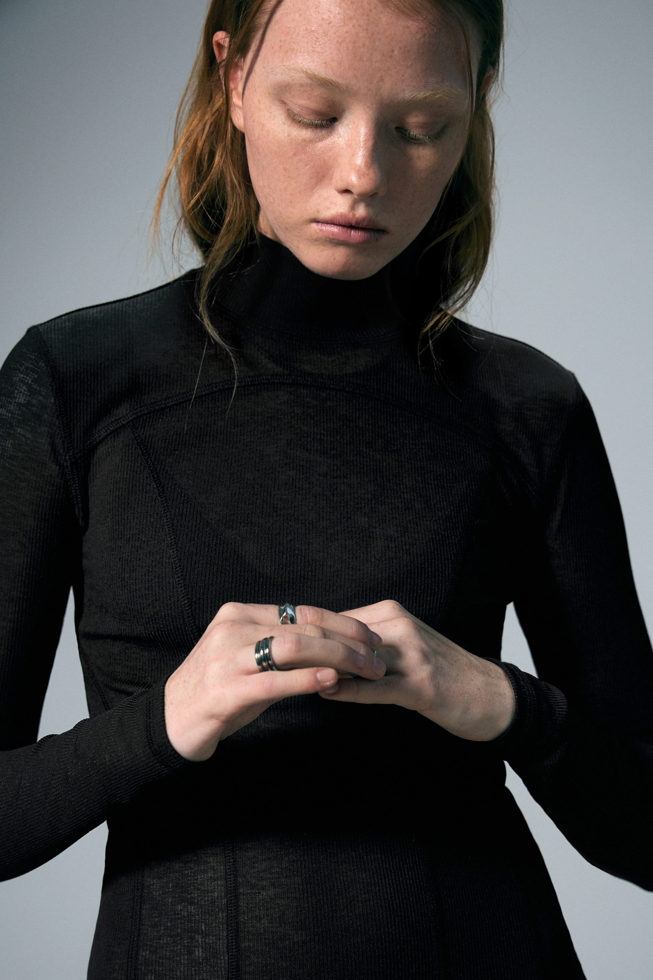 Black - Long-Sleeved Mesh Mock-Neck Top - 1