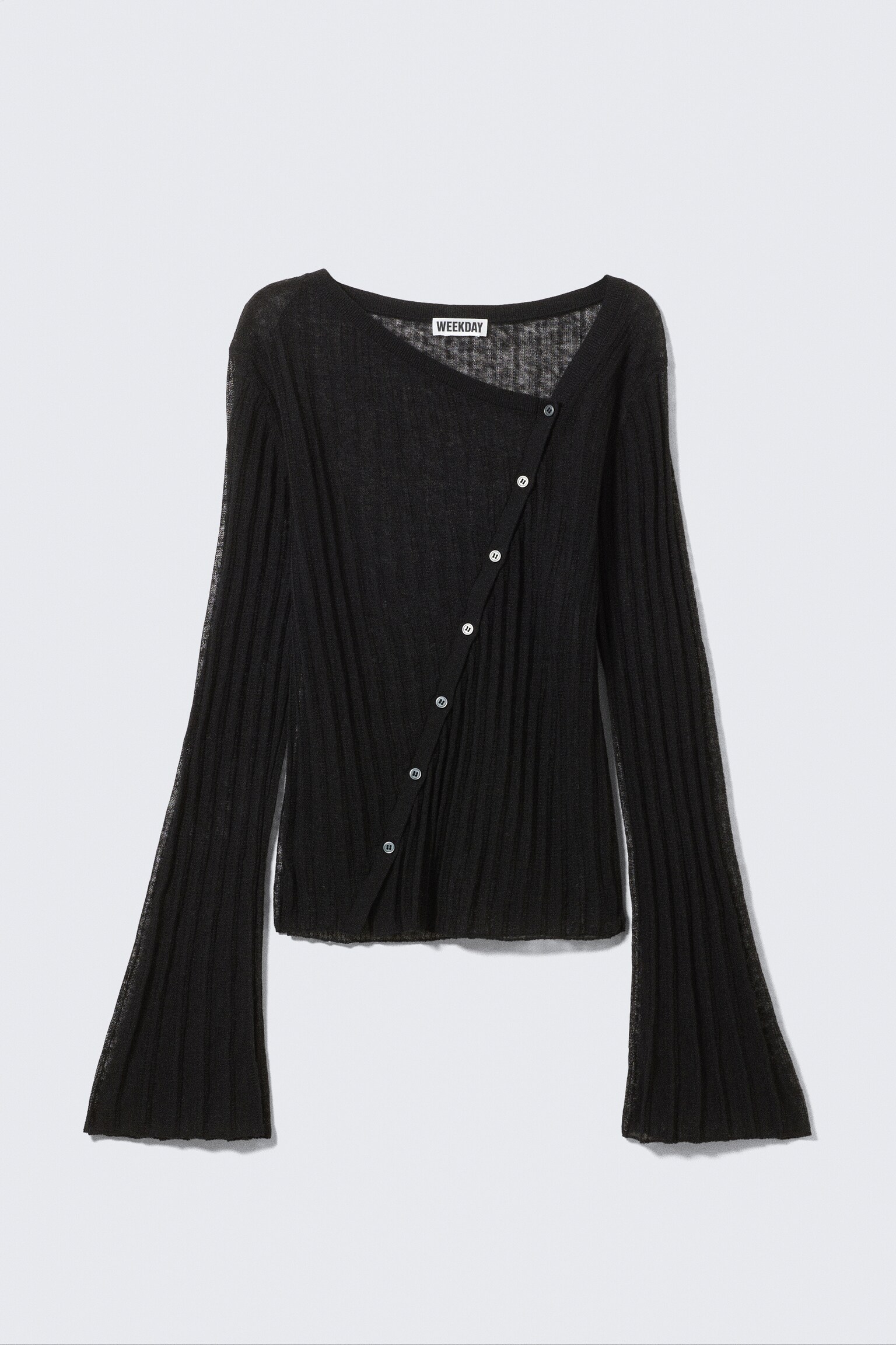 Asymmetrisk cardigan i linneblandning - Svart/Ljusgrå - 2