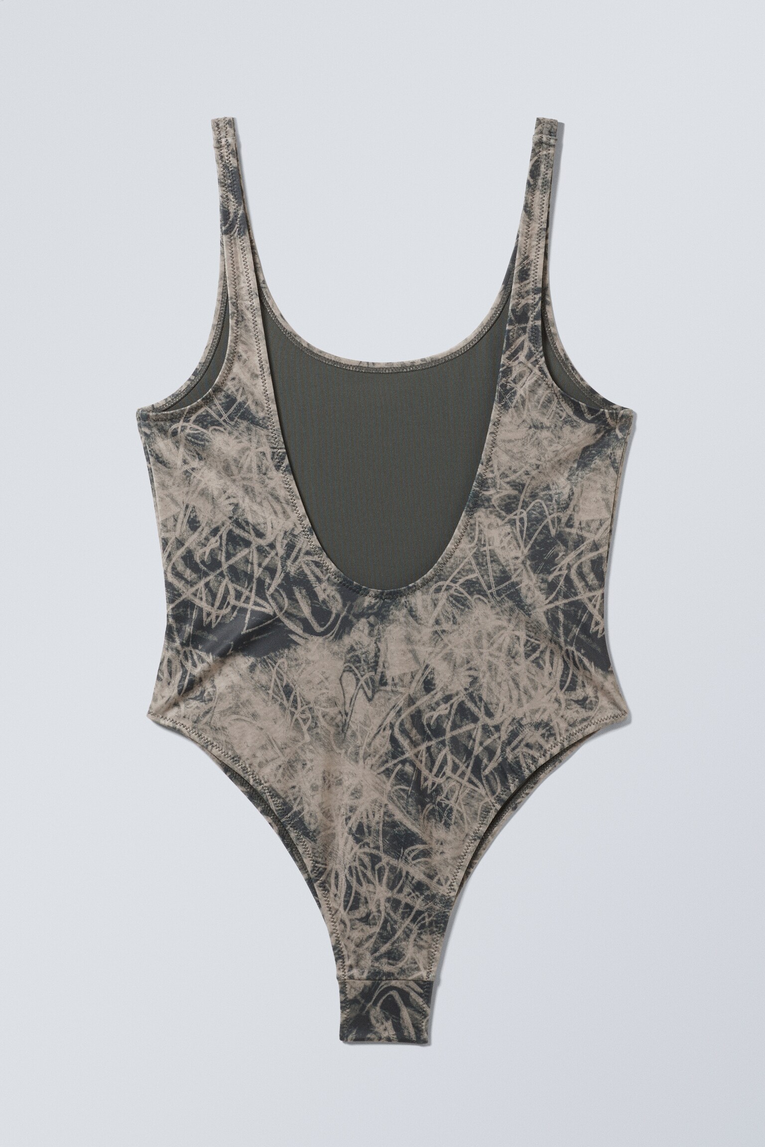 Low Back Printed Scoop Neck Swimsuit - Dark Mole - Scribble - 3