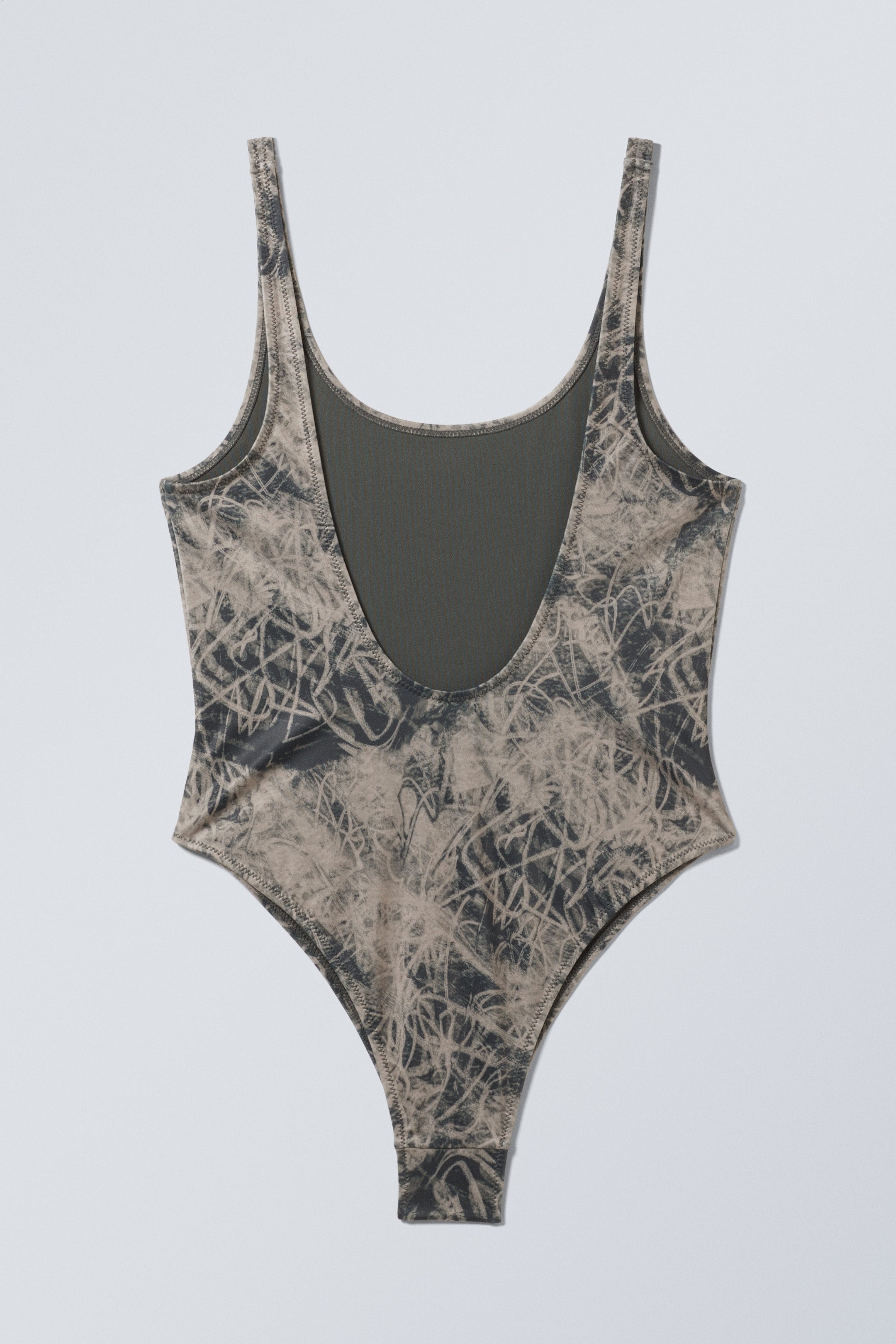 Graubraun - Scribble-Design - Bedruckter Badeanzug mit U-Ausschnitt - 2