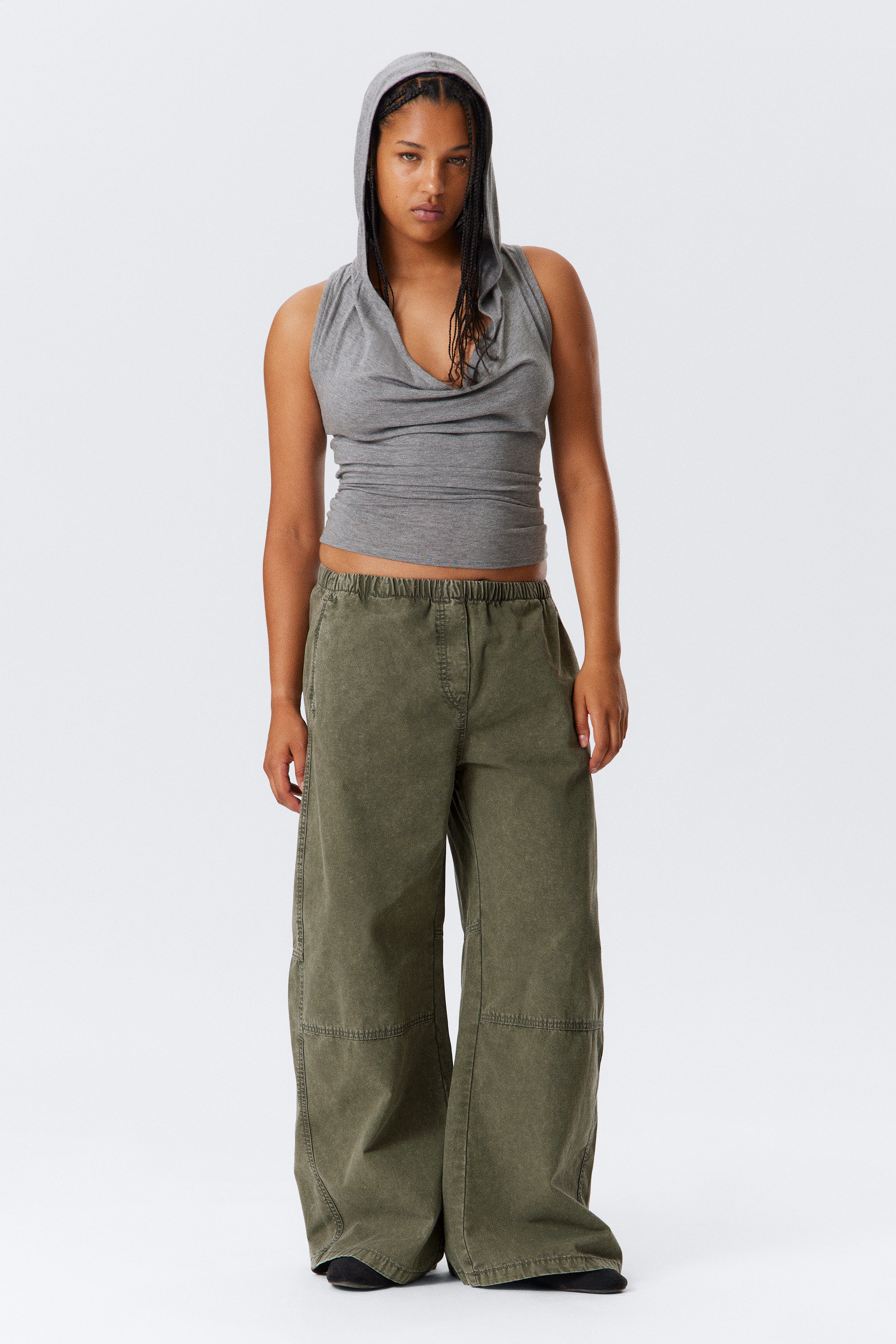 Washed Dark Khaki Green - Low Rise Baggy Washed Canvas Trousers - 1