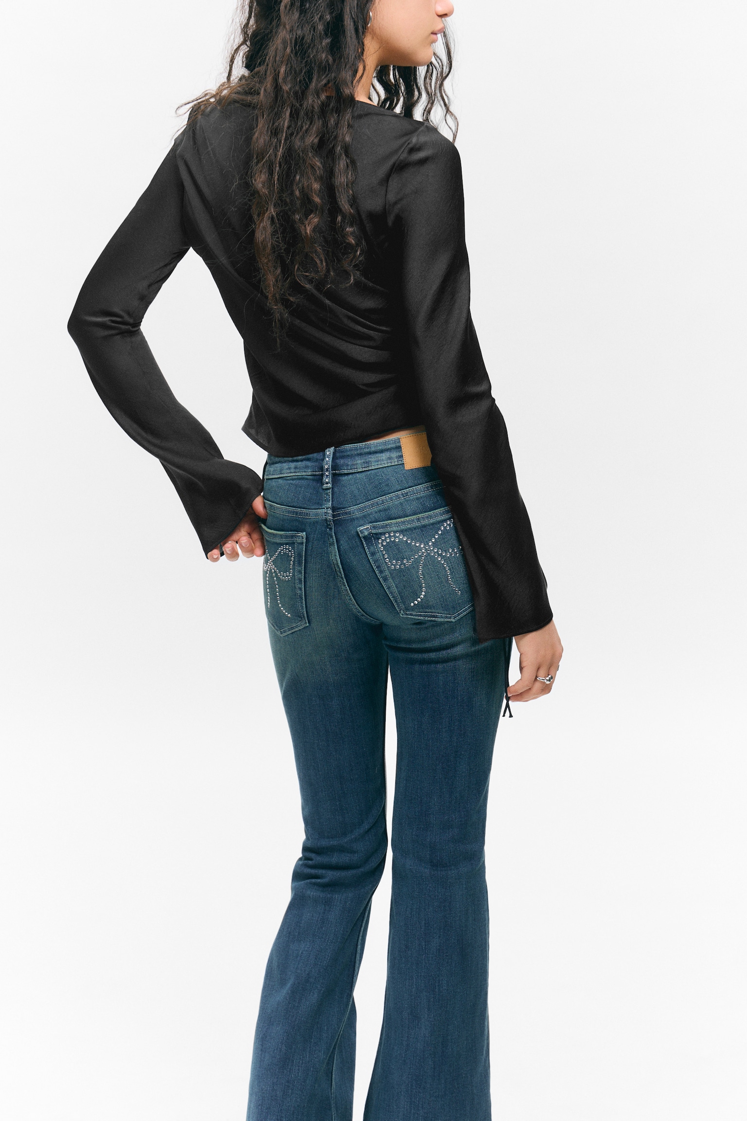 Ruched Boat-Neck Trumpet Sleeve Top - Black - 3