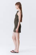 Dark Grey - Sheer Sleeveless Boat-Neck Mini Dress - 1