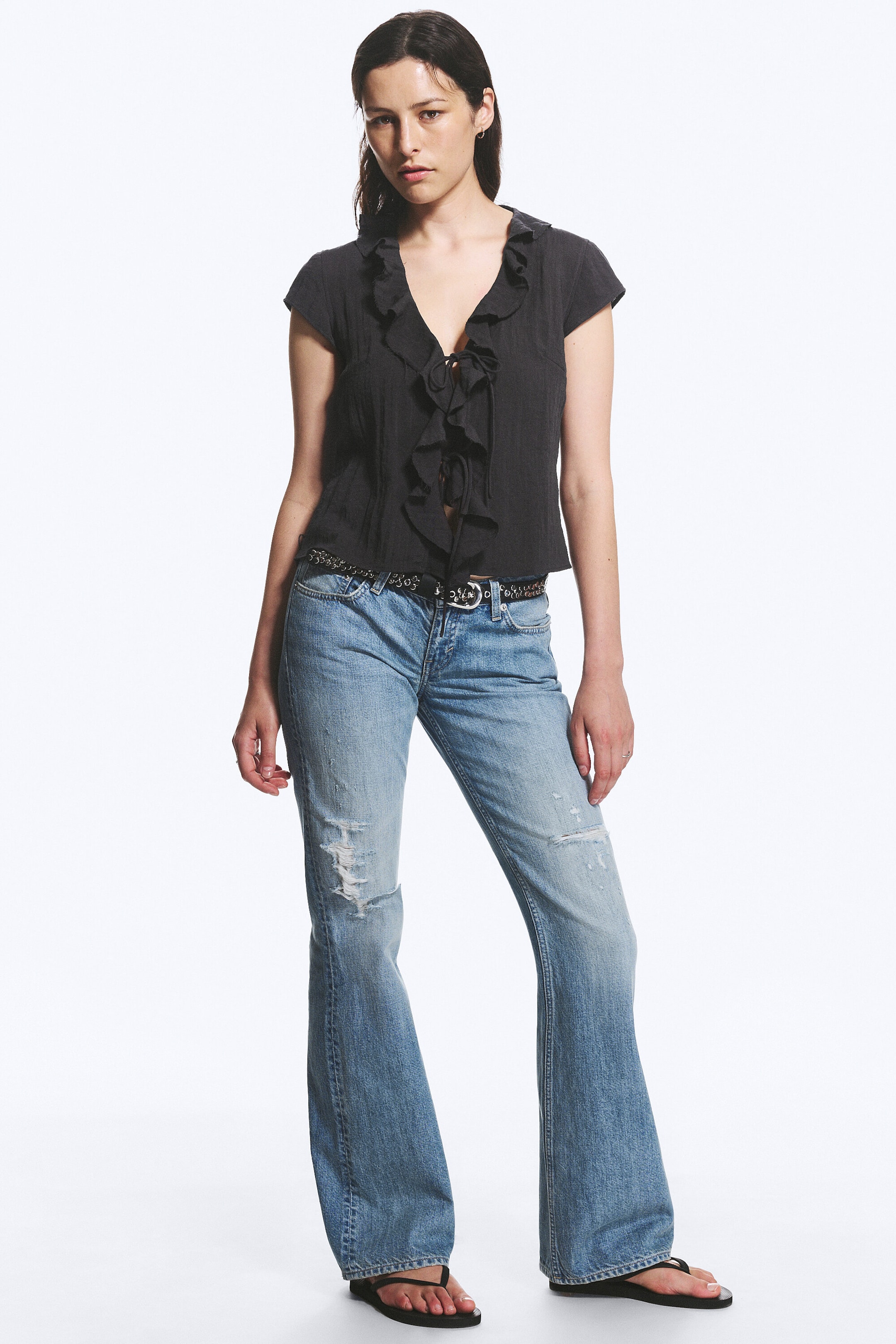 Dark Grey - Frilled Tie-Front Top - 2