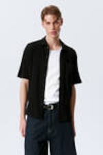 Black - Knitted Short-Sleeved Button-Up Shirt - 0