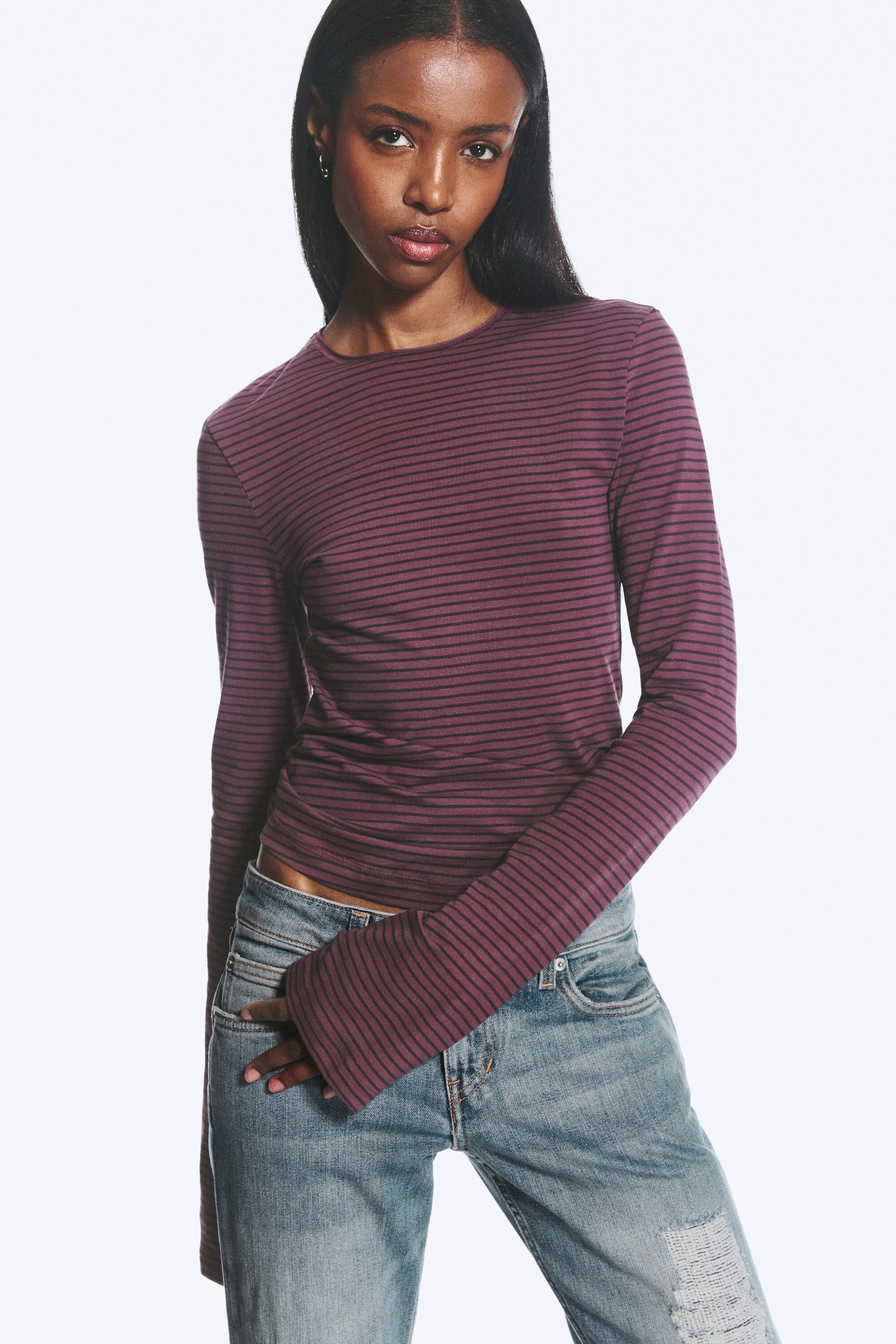 Dunkellila gestreift - Longsleeve aus Baumwolle - 1
