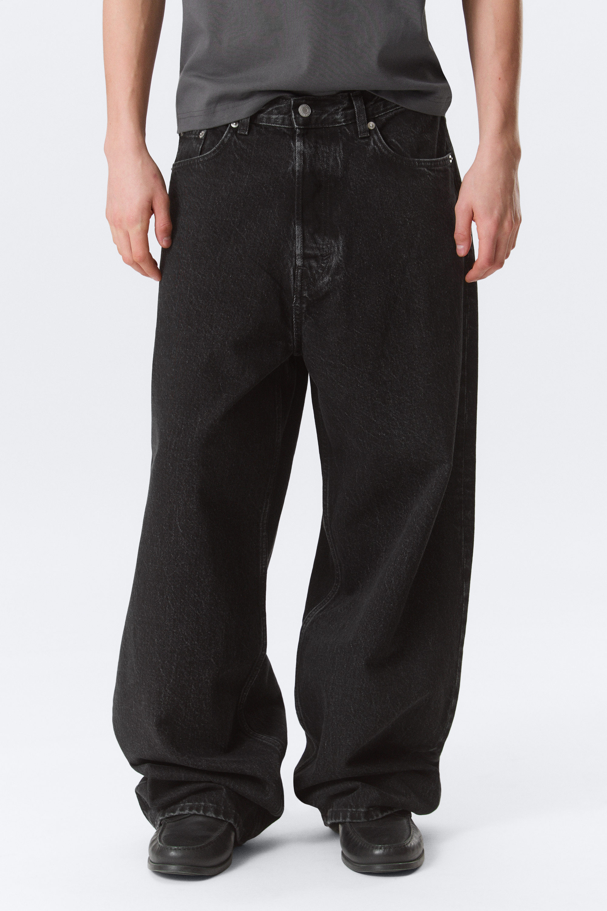 astro mid rise baggy faux leather pocket jeans - Black Rinse