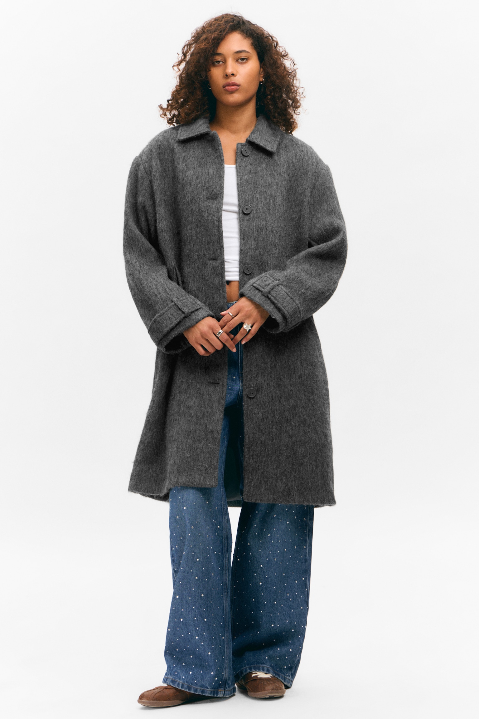 Knee-Length Single-Breasted Coat - Dusty Dark Grey Melange/Zwart/Dusty Mole Check - 6