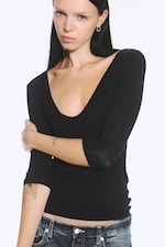 Black - Deep V-neck three-quarter sleeve top - 2