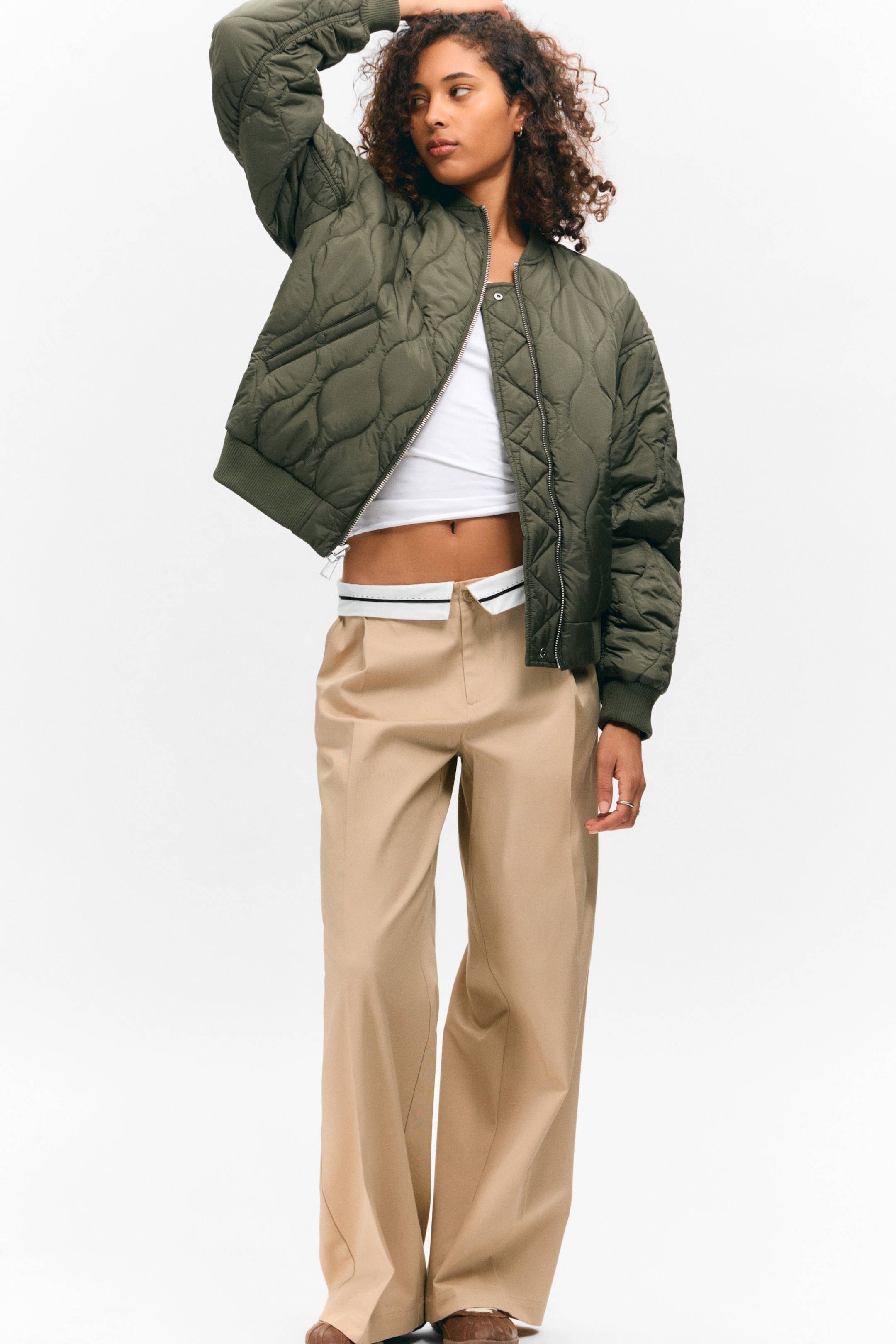 Dark Khaki - Floral - Loose Reversible Bomber Jacket - 1