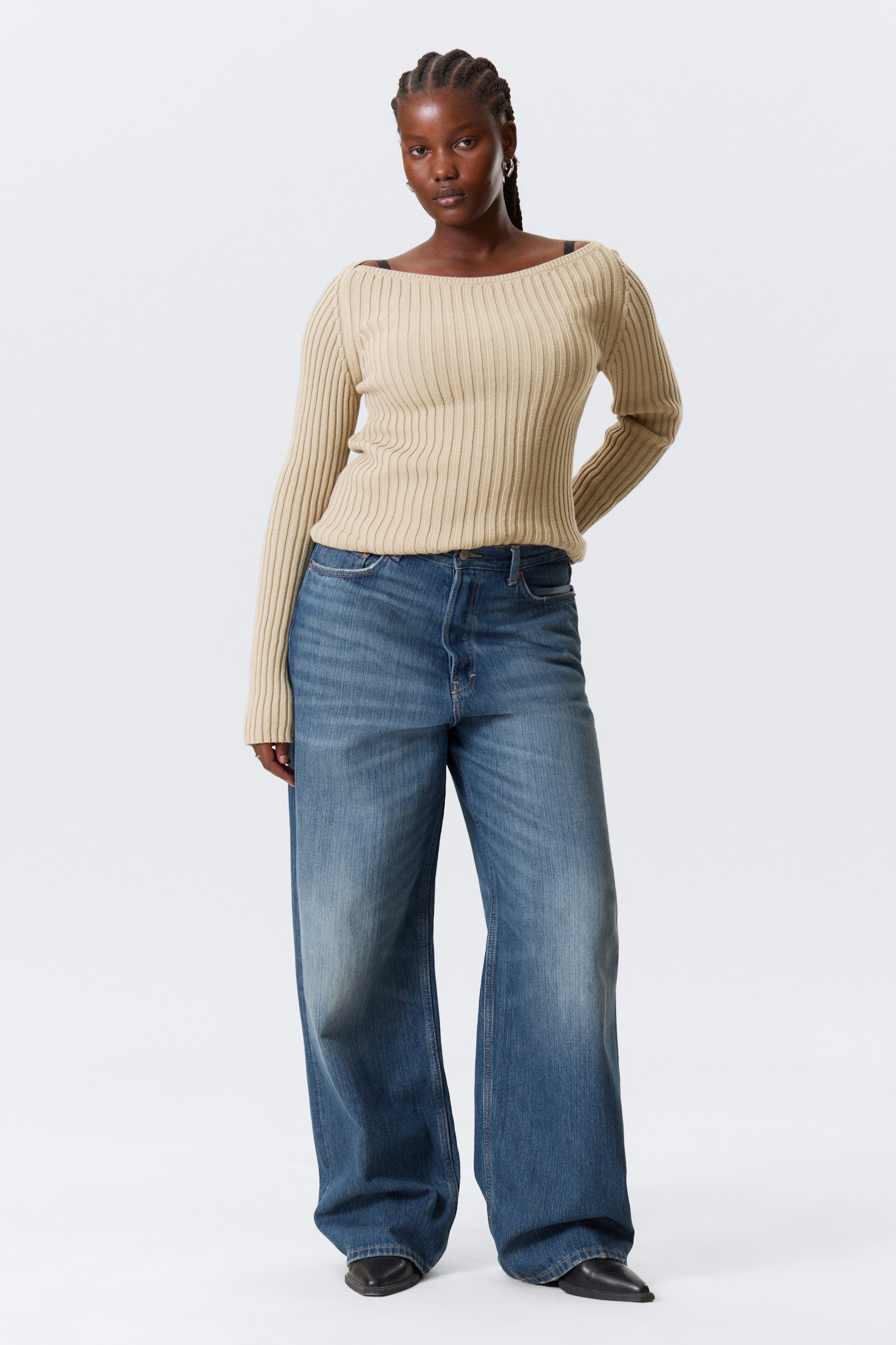 Beige - Slim Knitted Boat-Neck Sweater - 2