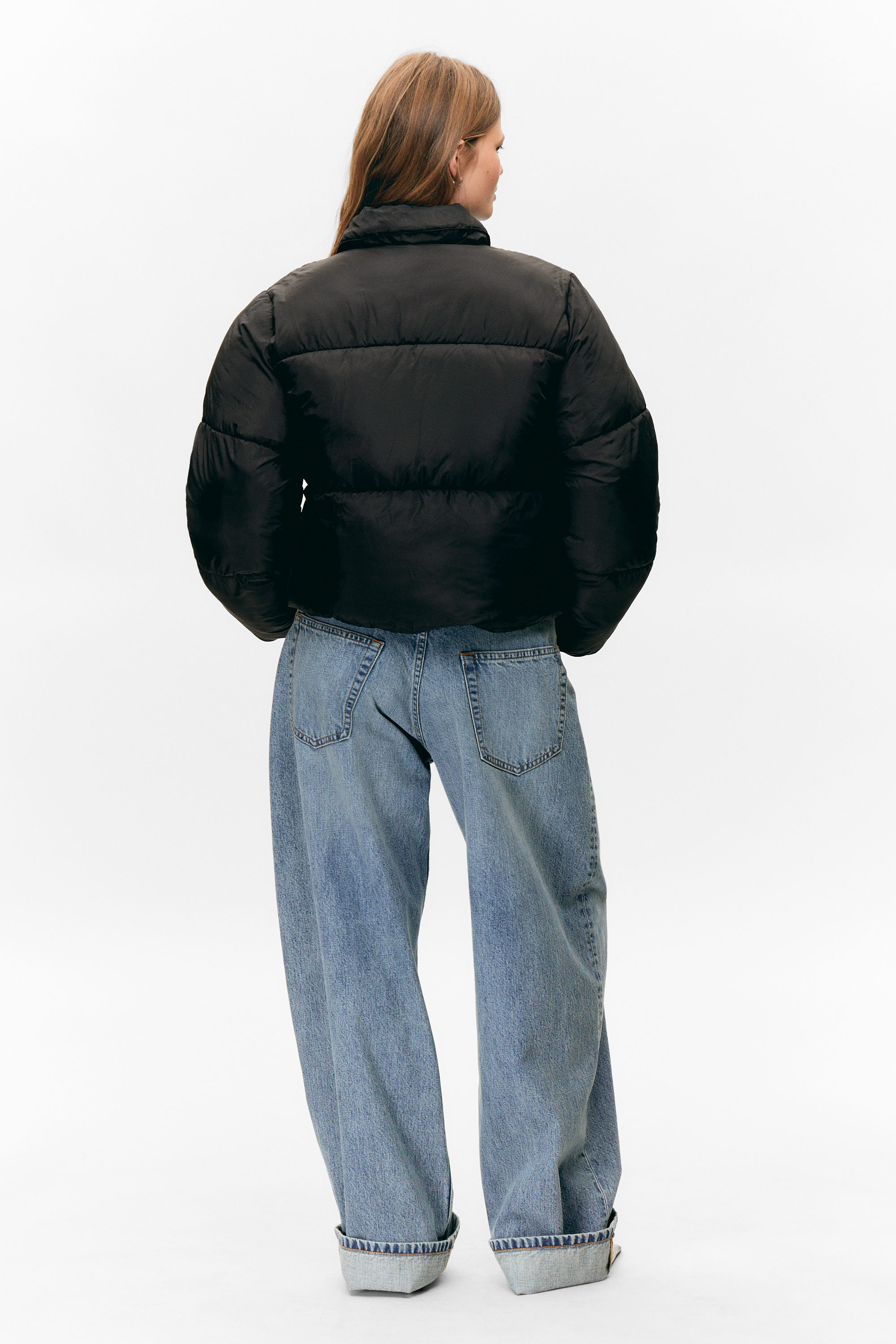 Black - Collared Puffer Jacket - 3