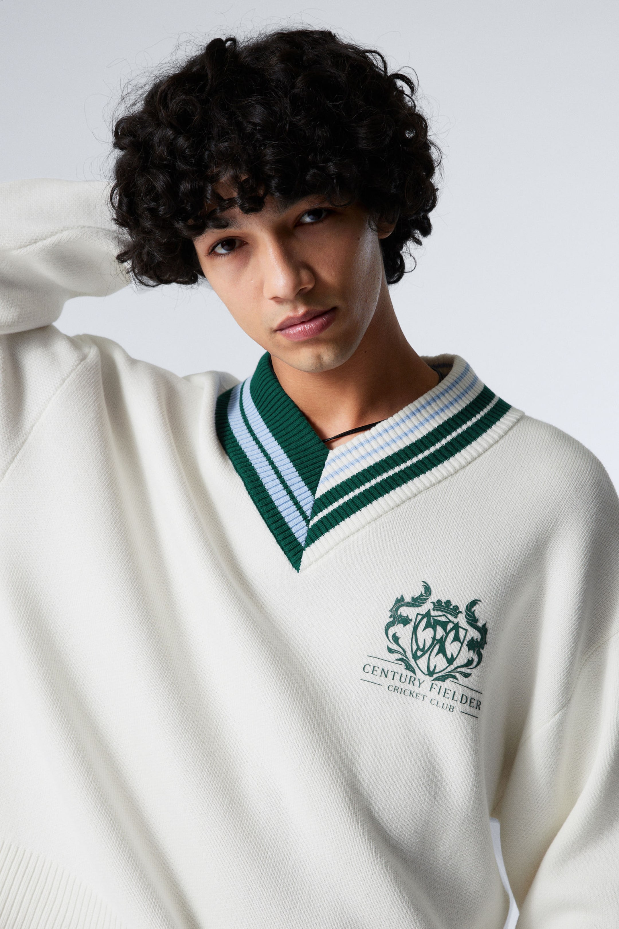 #F4F3E9 - Oversized Knitted Graphic V-neck Sweater - 1