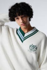 Dusty White - Century Fielder - Oversized Knitted Graphic V-neck Sweater - 0