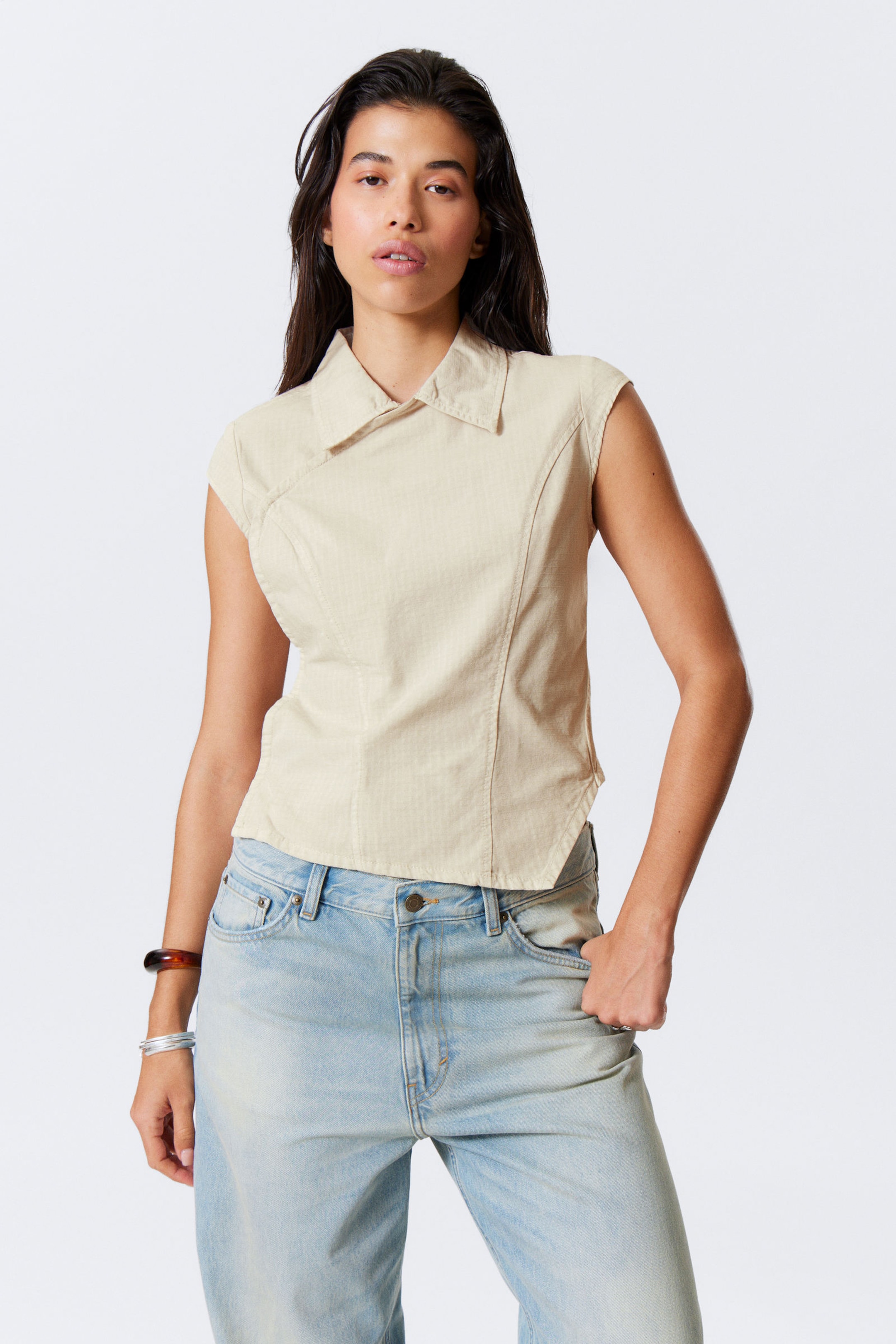 #F3EFE5 - Cap-Sleeved Asymmetric Ripstop Top - 1
