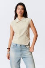 Light Beige - Cap-Sleeved Asymmetric Ripstop Top - 0