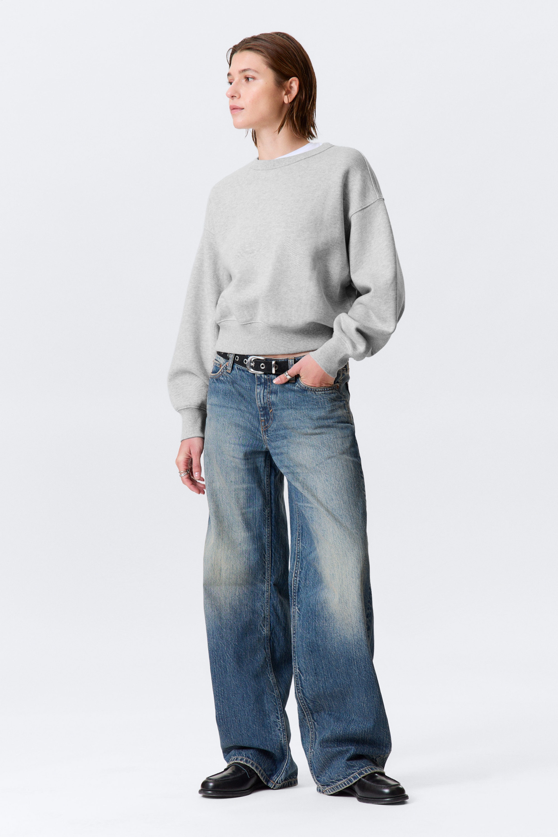 Grey Melange - Boxy Cropped Cotton Sweatshirt - 2