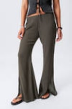 Dark Grey - Low Rise Flared Crinkled Trousers - 1