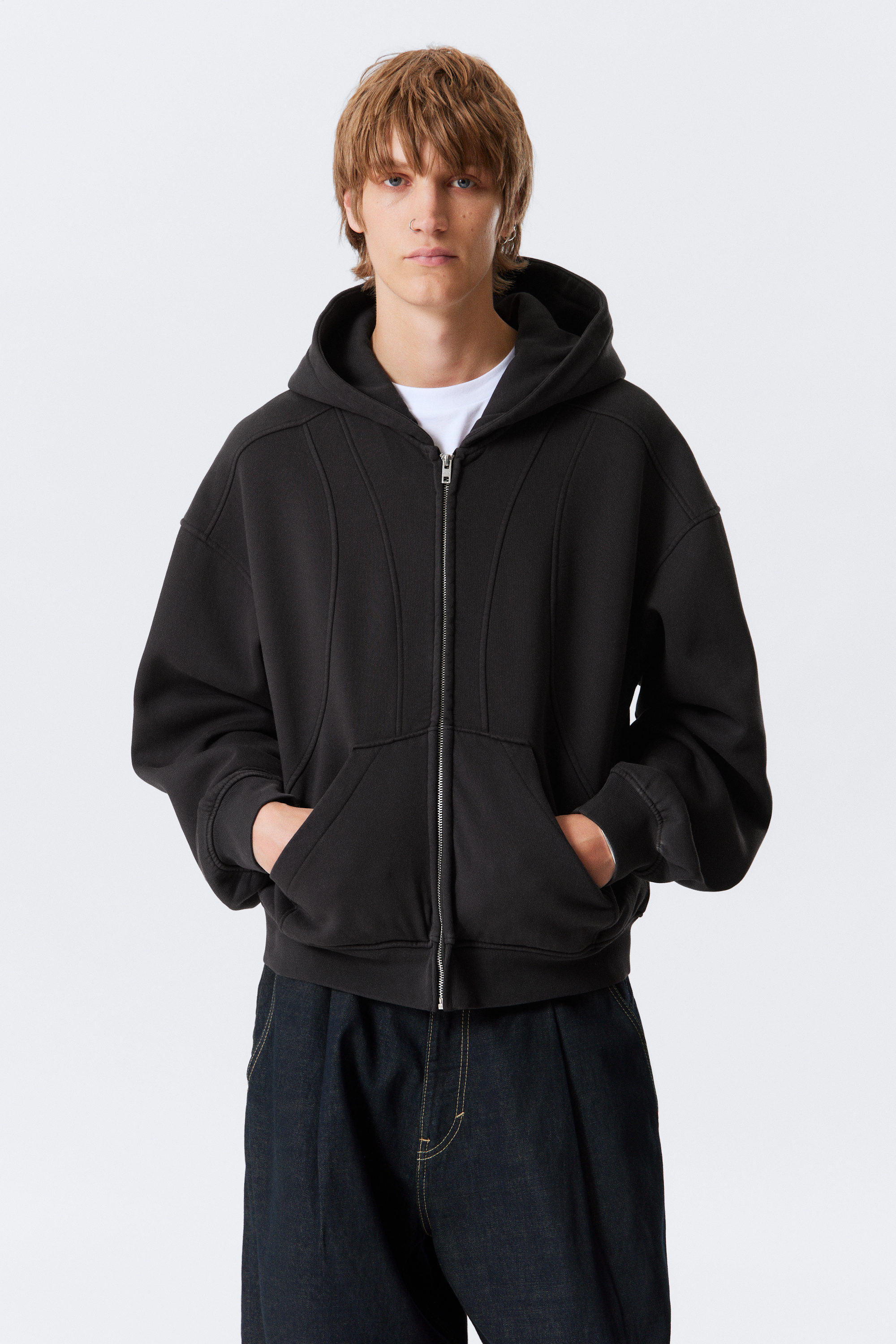 Washed Black - Loose Fit Blocked Zip Hoodie - 1