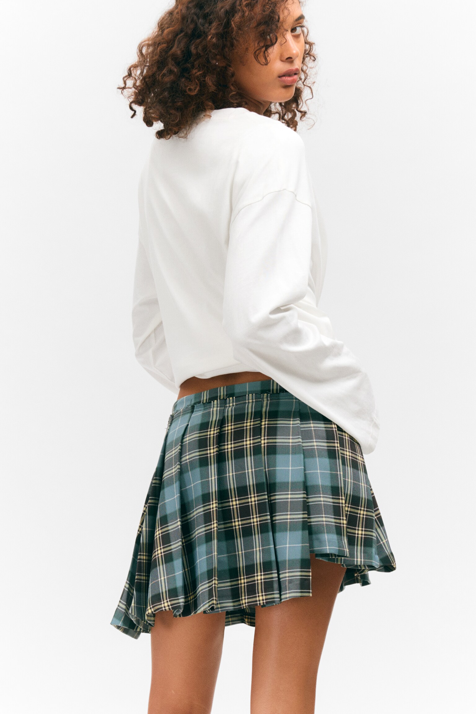Asymmetric Pleated Wrap Mini Skirt - Dusty Dark Green Check/Black - 4