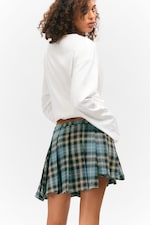 Dusty Dark Green Check - Asymmetric Pleated Wrap Mini Skirt - 3