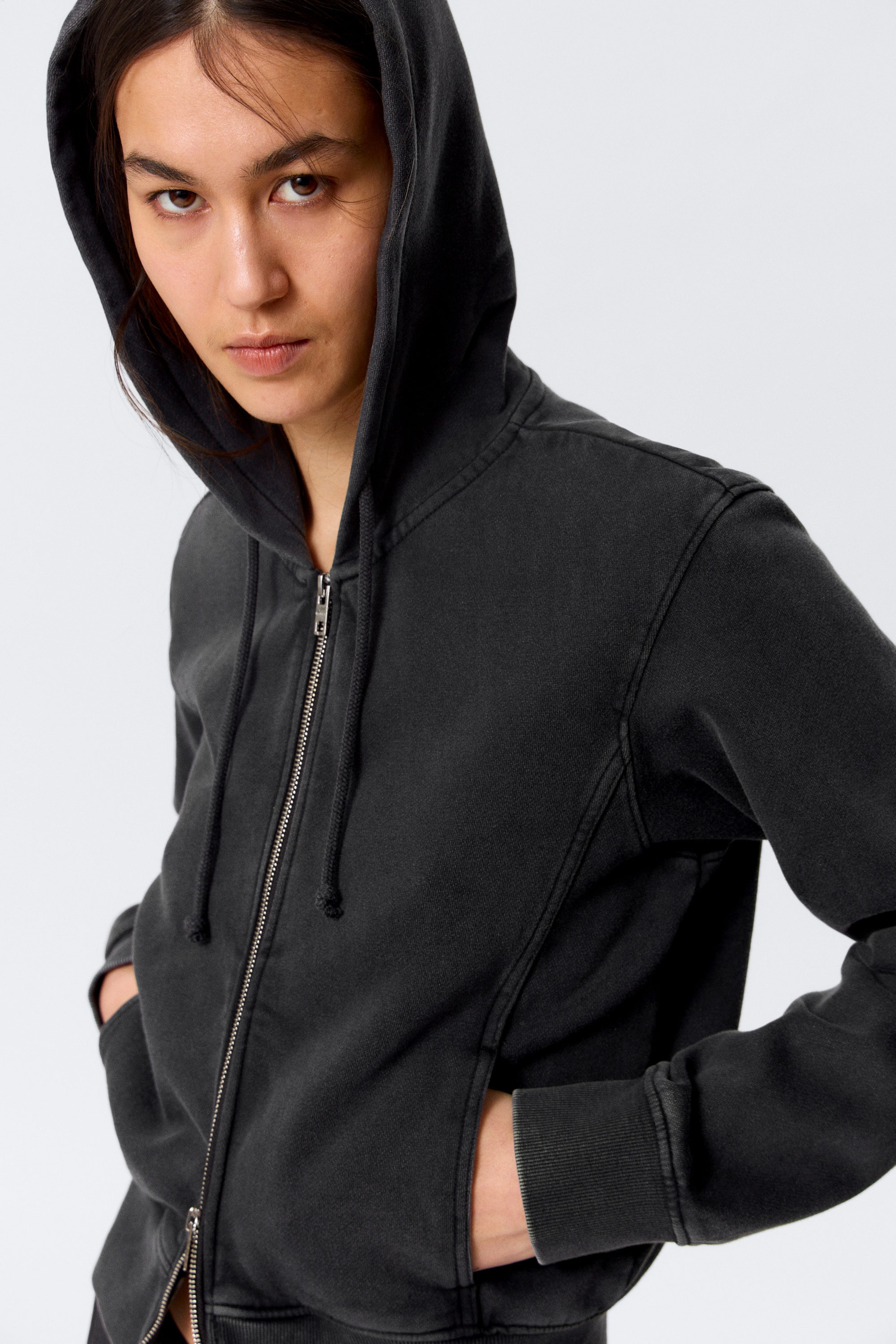 Washed Black - Cinched Cotton Zip Hoodie - 2