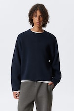 Dark Navy Blue - Boxy Knitted Cotton Sweater - 0