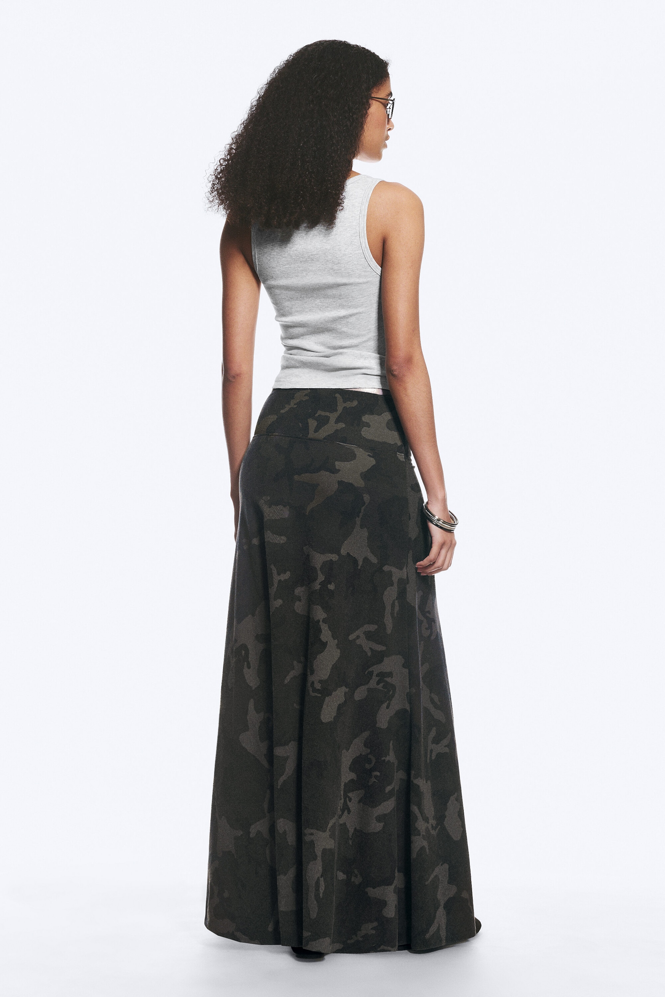 Khaki Green - Camouflage - Mid Rise Printed Maxi Skirt - 2