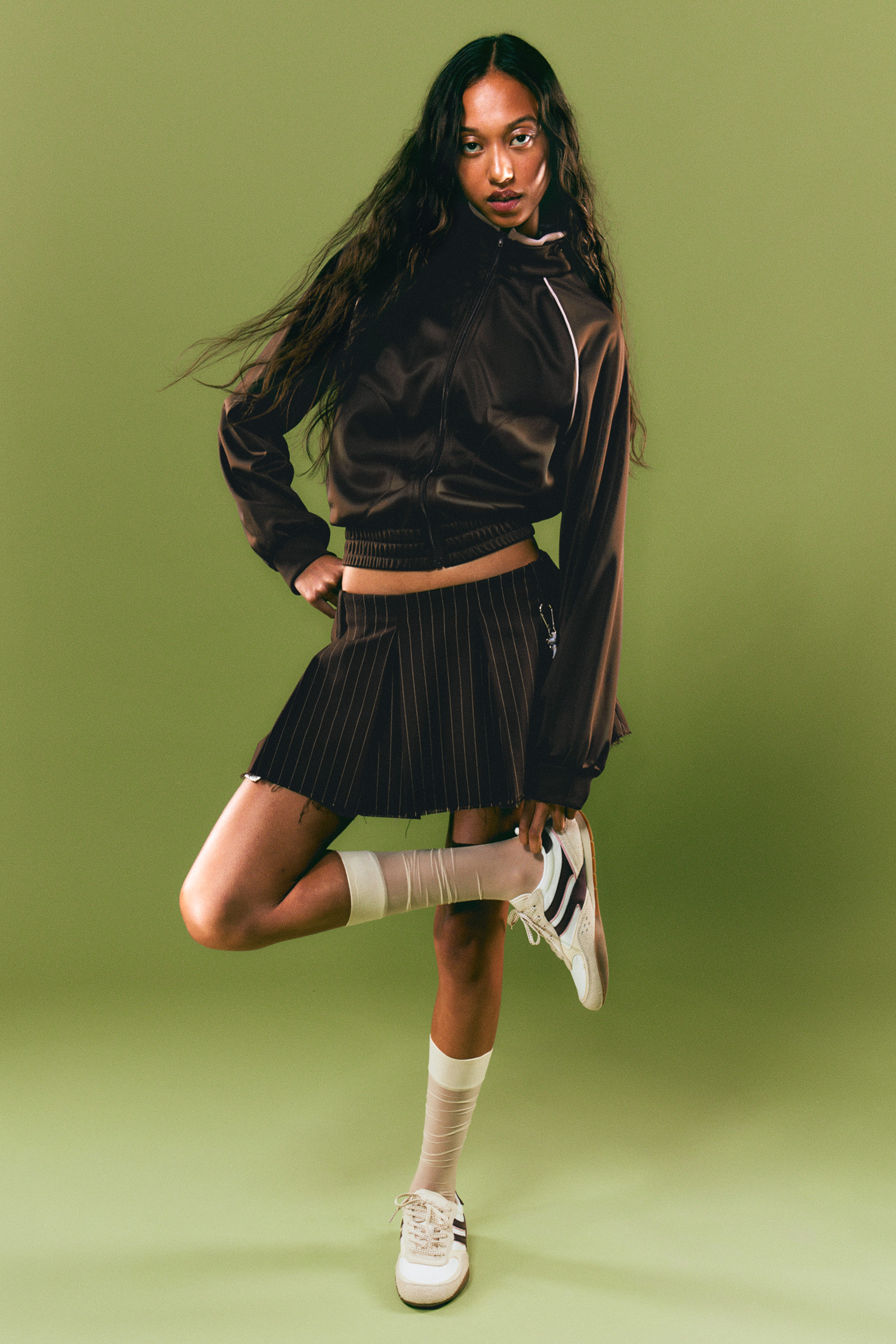 Striped Dark Brown - Pleated Mini Suiting Skirt - 1