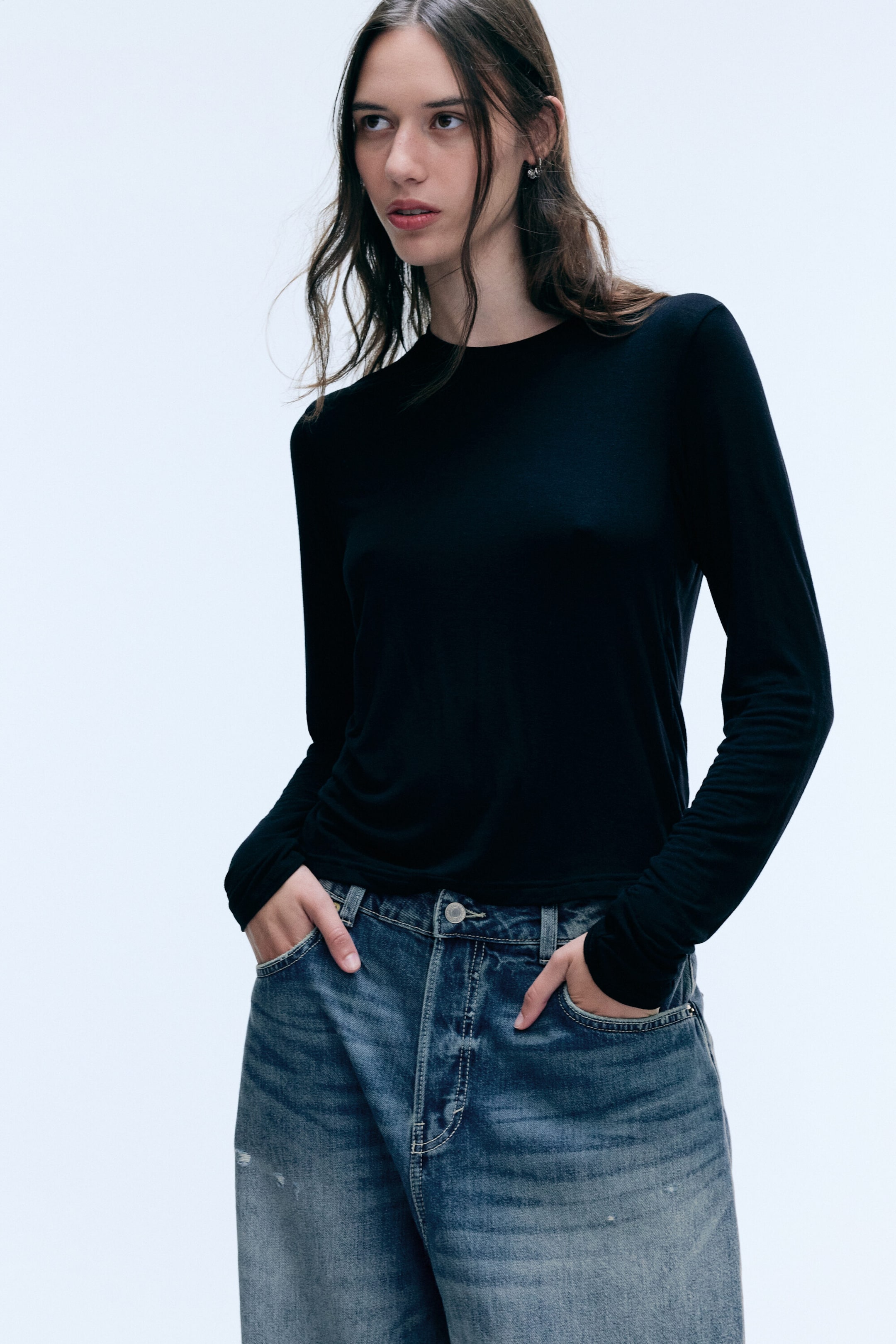 Black - Sheer long-sleeve T-shirt - 1