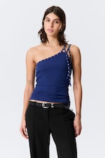 Bright Blue - Eyelet Detail Asymmetric Tank Top - 0