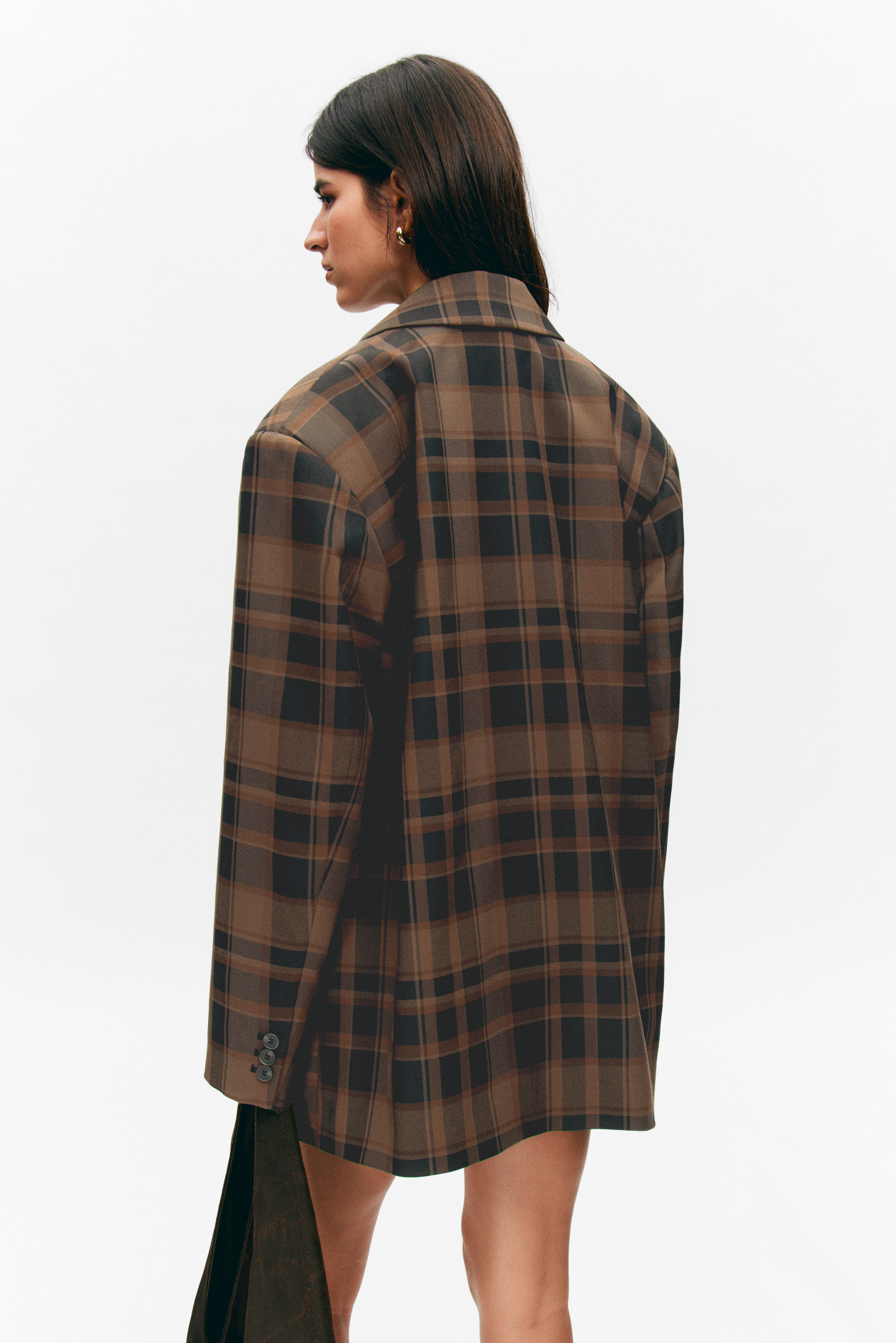 Checked Dark Brown - Single-Breasted Oversized Checked Blazer - 2