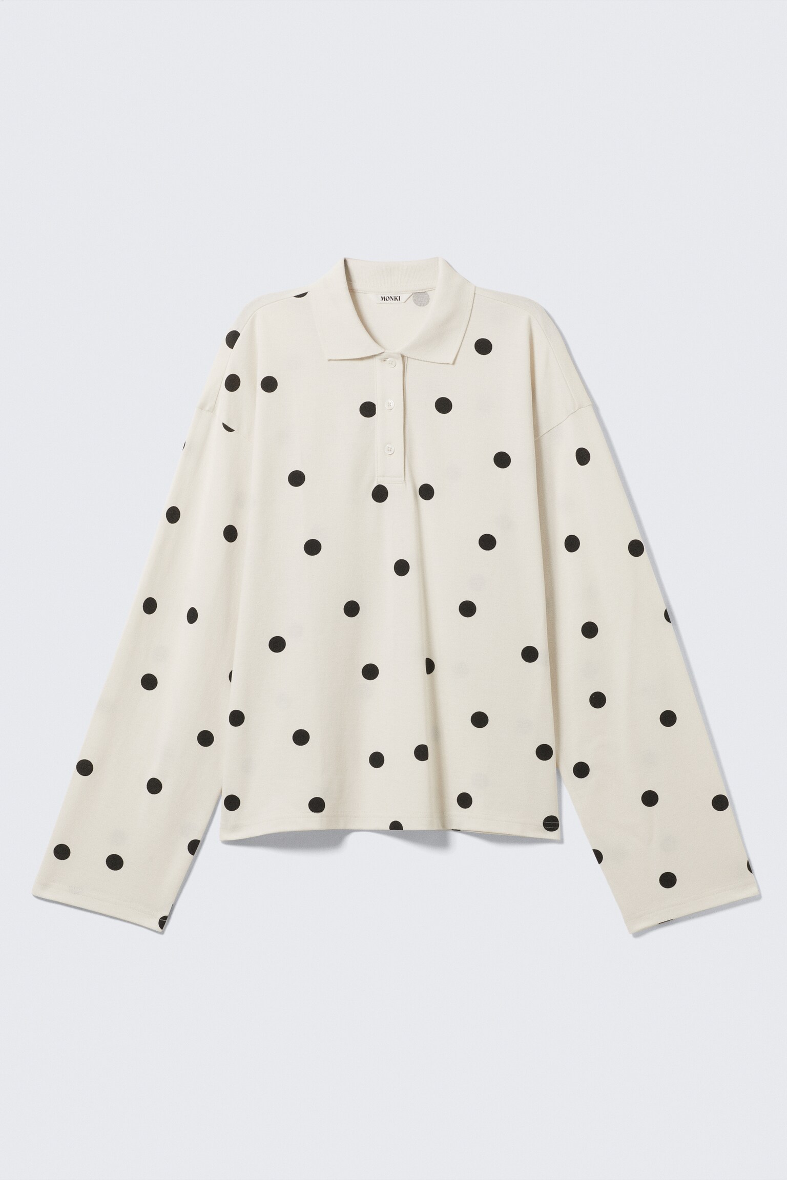 Long-Sleeved Cotton Polo Top - White - Black Dots/Striped Light Pink - 2