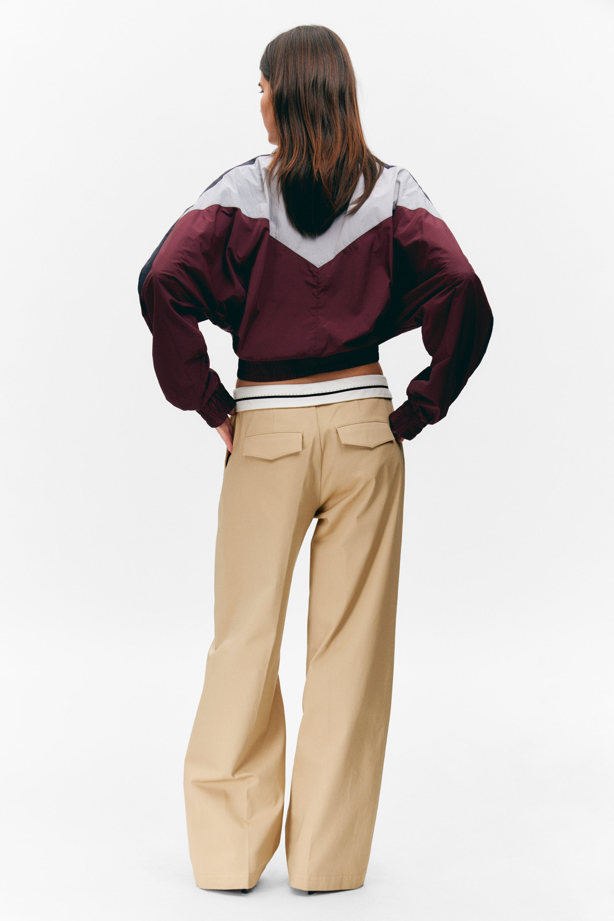 Beige - Low Rise Folded Waist Twill Trousers - 2