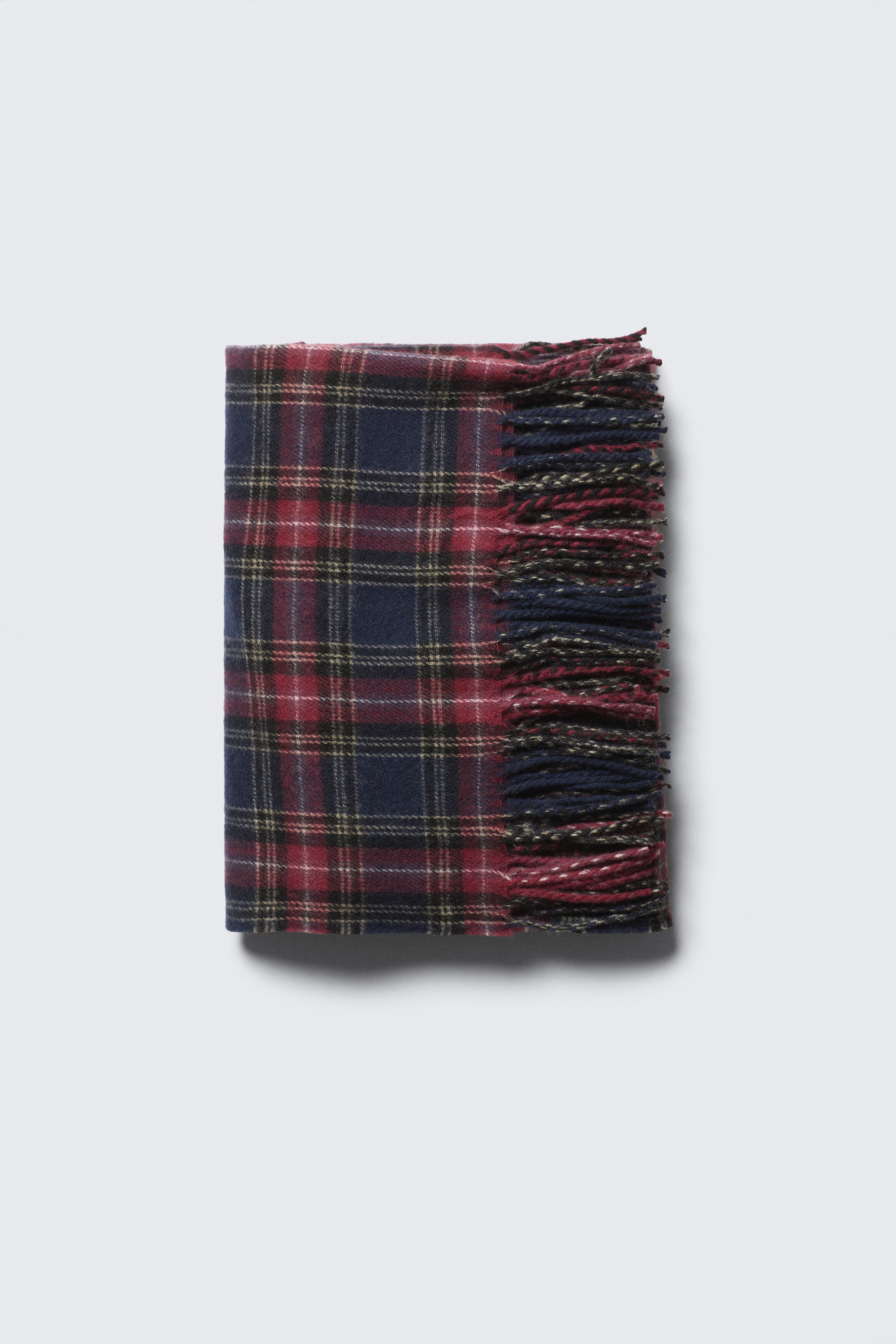 Dark Red Check - Wool Blend Fringe-Edge Blanket Scarf - 2