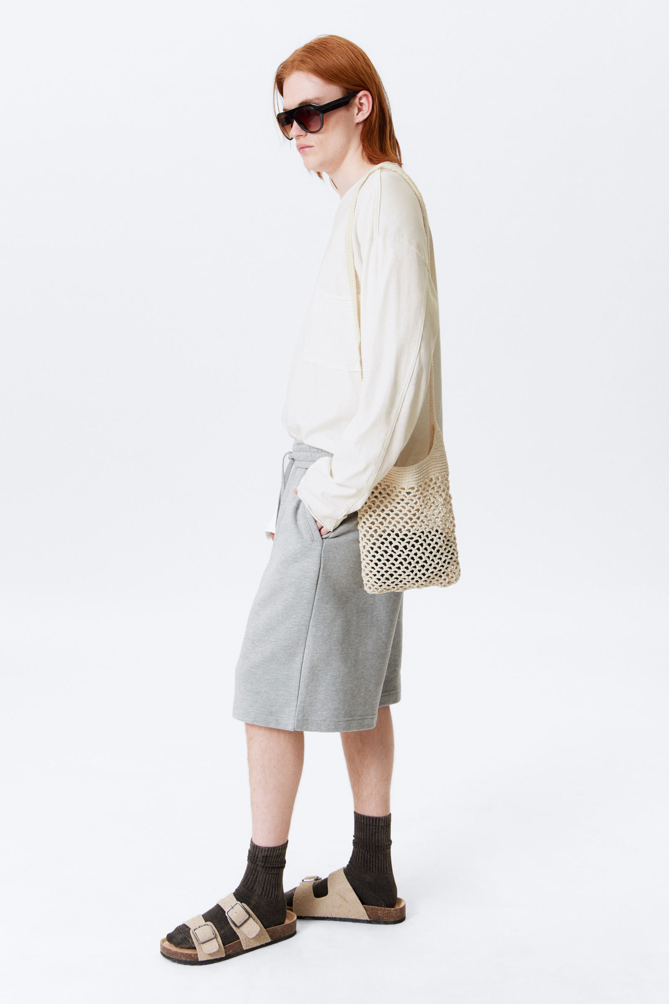 Grey Melange - Baggy Knee-Length Skater Shorts - 2