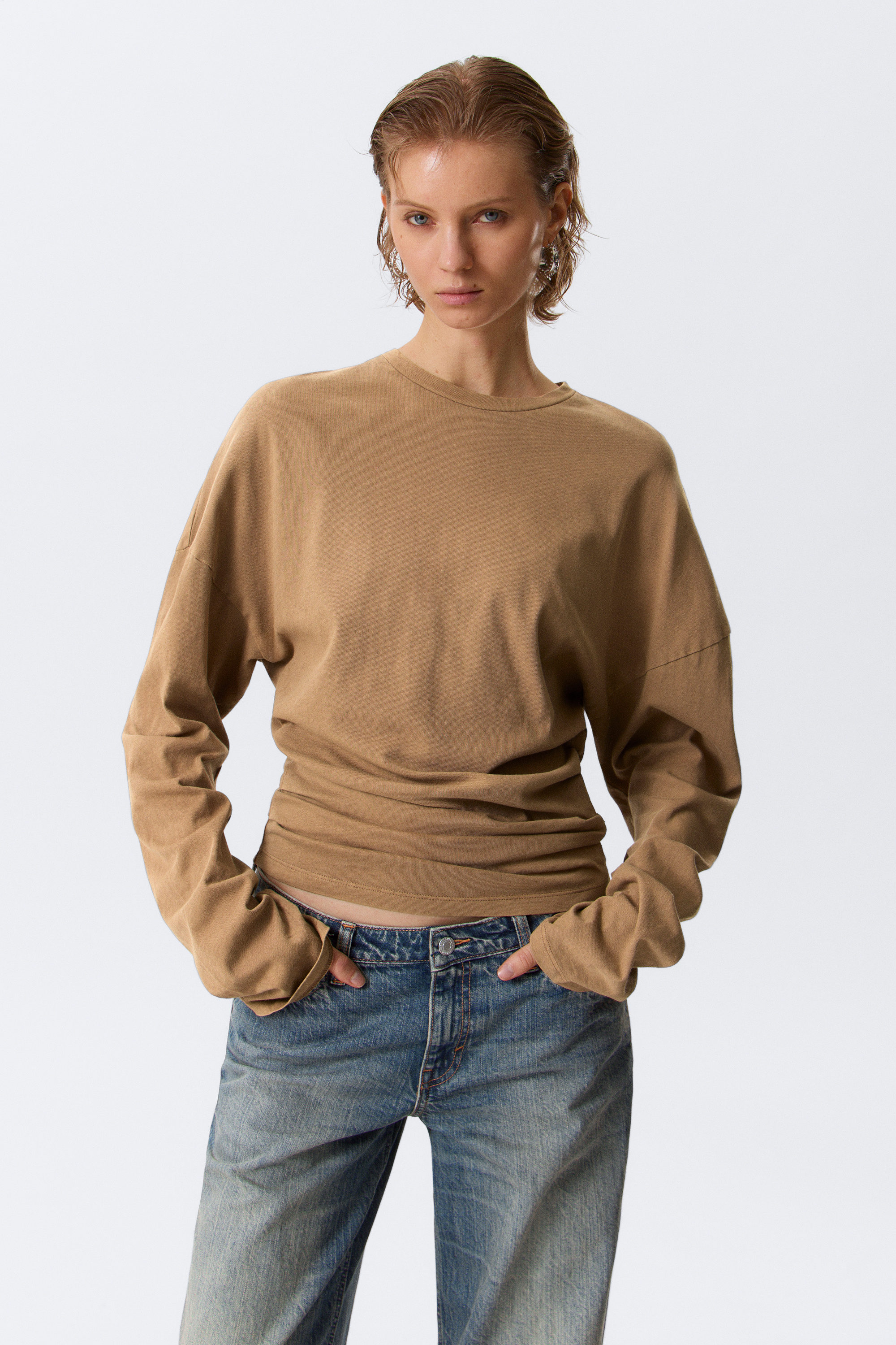 Dark Beige - Pleated Long-Sleeved Top - 1