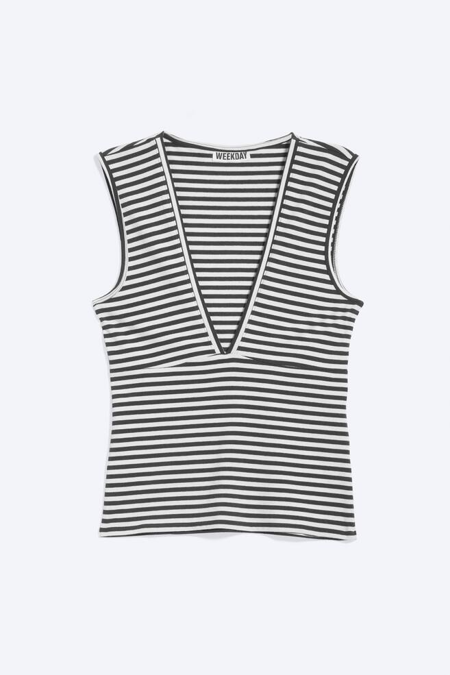 Fitted V-Neck Sleeveless Top - Black/White Stripe/Black/Light Grey Melange/Dark Brown/Black/Dusty Khaki Green/White - 1