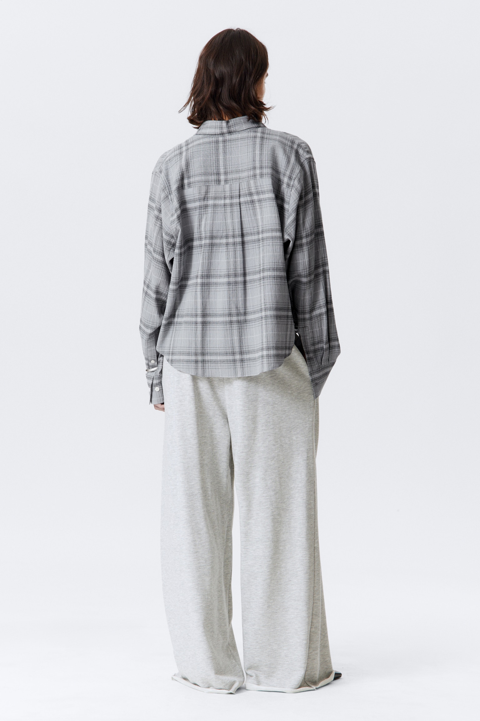 Cropped Button-Up Cotton Shirt - Dusty Blue Check - 3