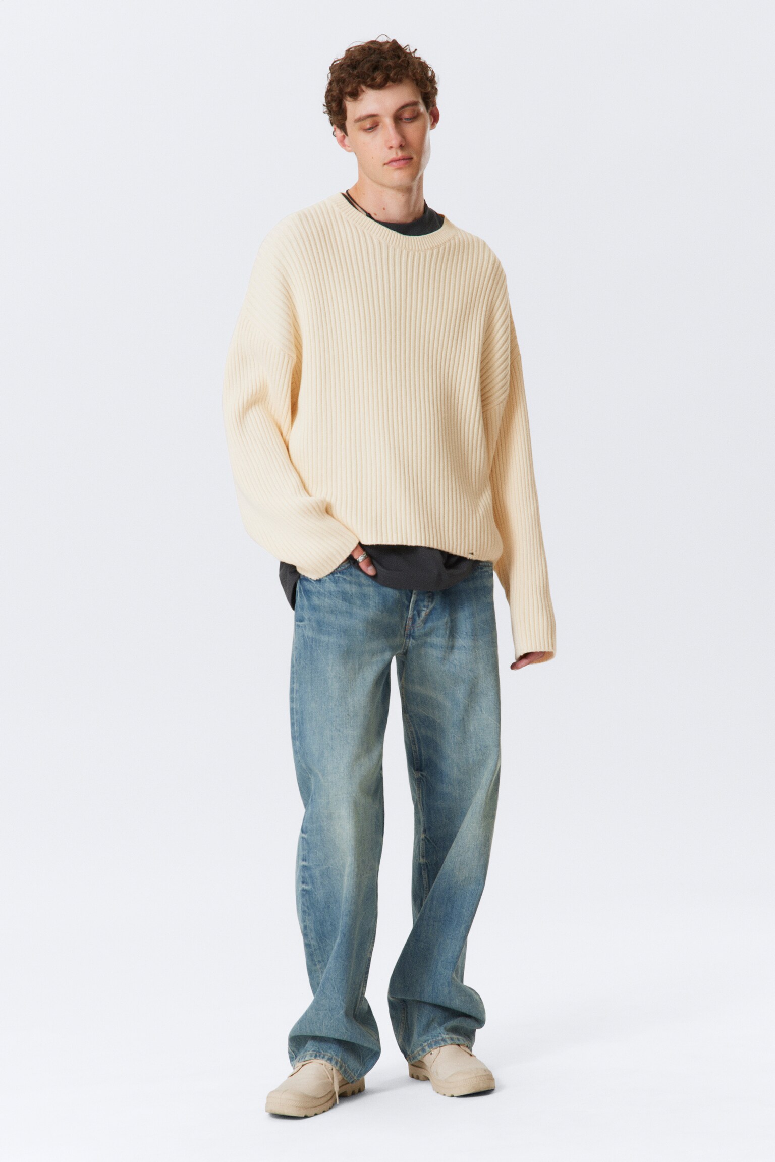 Loose Ribbed Cotton Sweater - Dusty White/Dark Mauve - 5